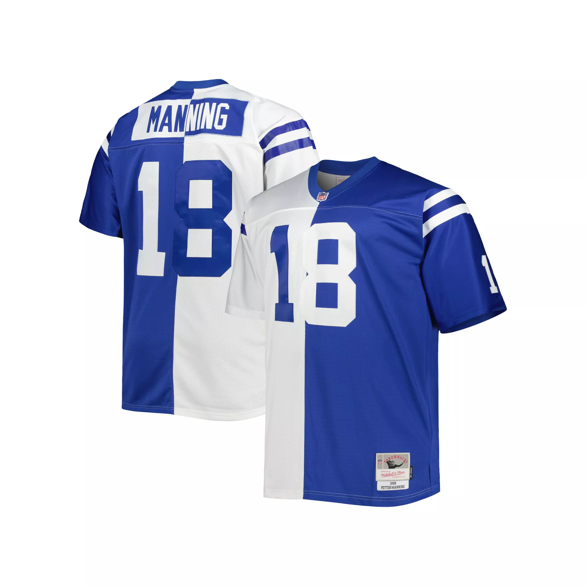 Men's Mitchell & Ness Peyton Manning White/Royal Indianapolis Colts Big & Tall Split Legacy Retired Player Replica Jersey