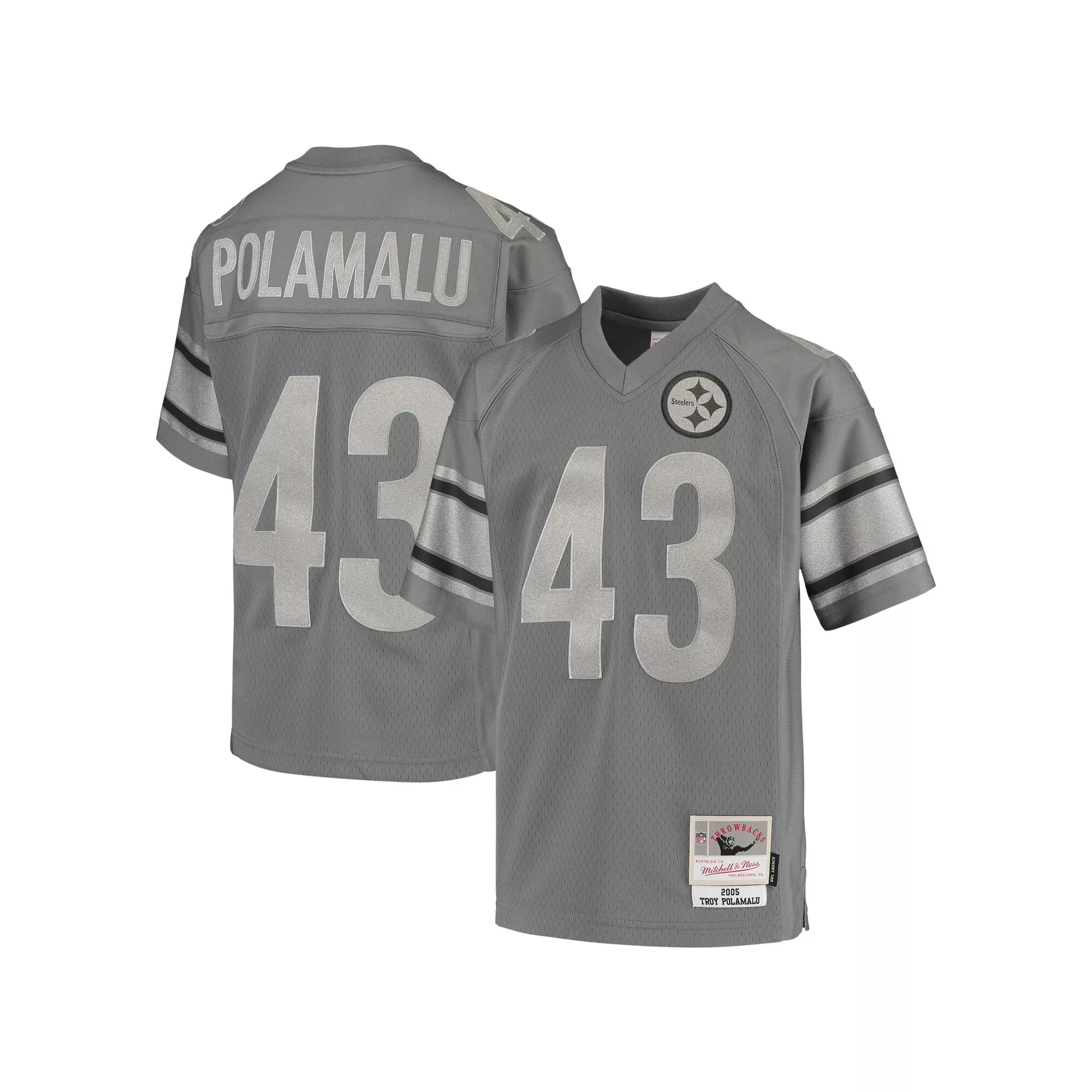 Youth Mitchell & Ness Troy Polamalu Charcoal Pittsburgh Steelers 2005 Retired Player Metal Replica Jersey