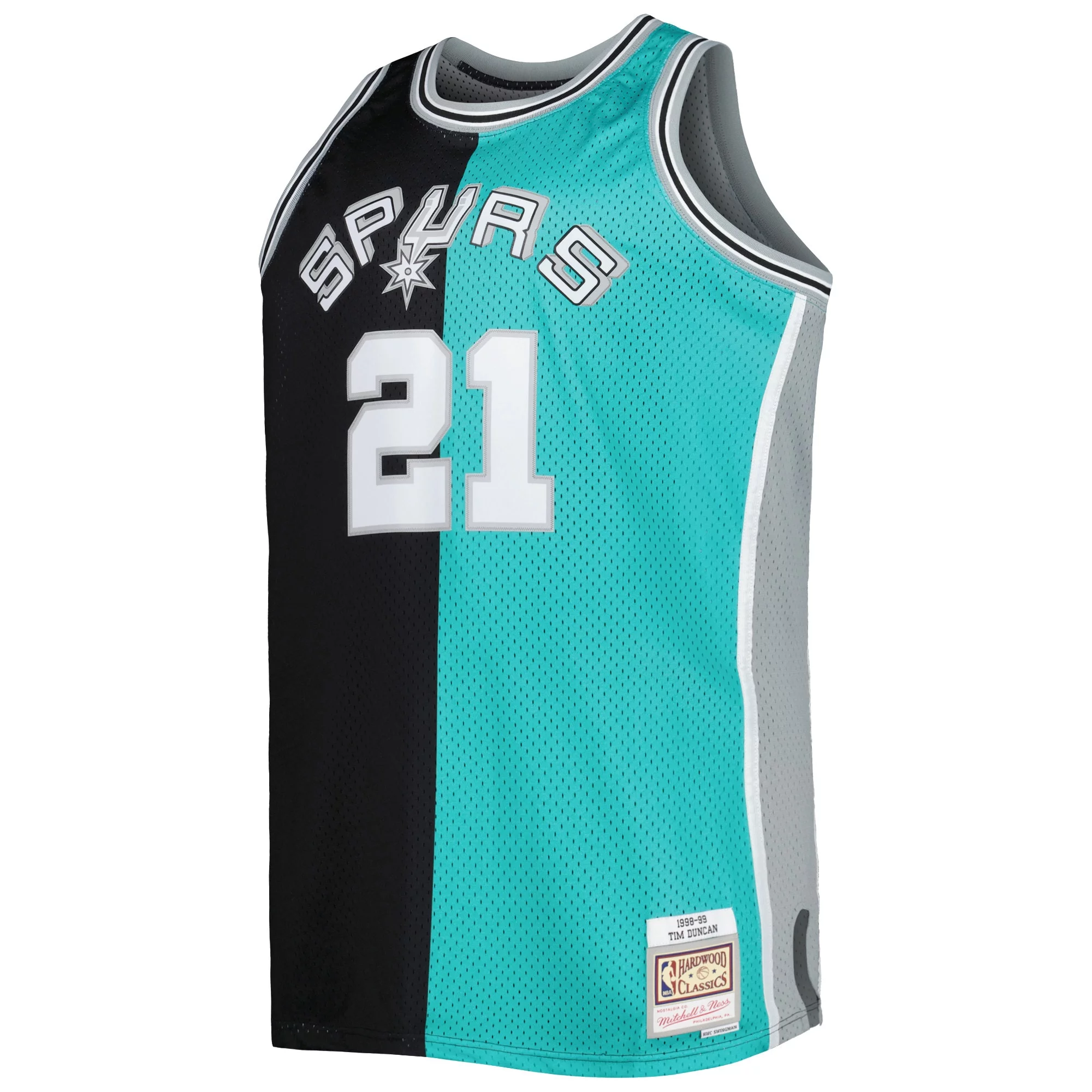 Men's Mitchell & Ness Tim Duncan Black/Teal San Antonio Spurs Big & Tall Hardwood Classics 1998/99 Split Swingman Jersey