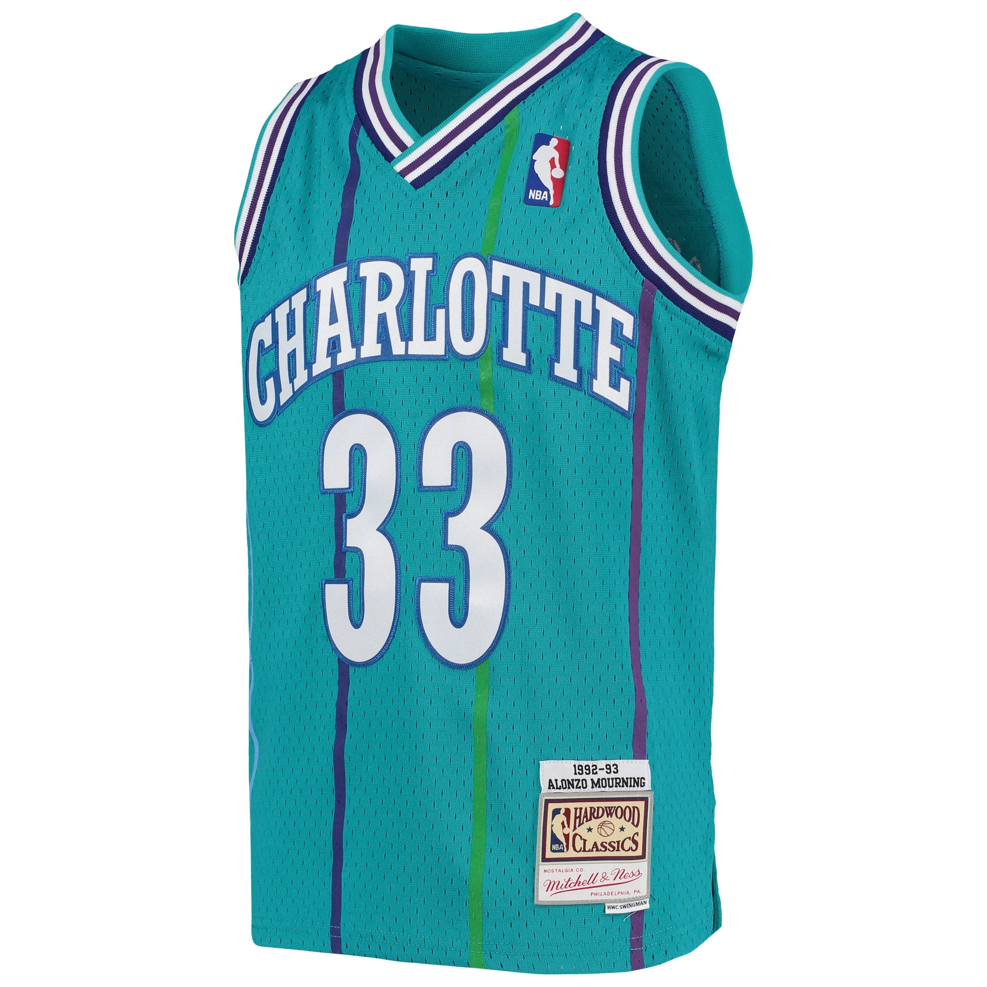 Youth Mitchell & Ness Alonzo Mourning Teal Charlotte Hornets 1992-93 Hardwood Classics Swingman Jersey
