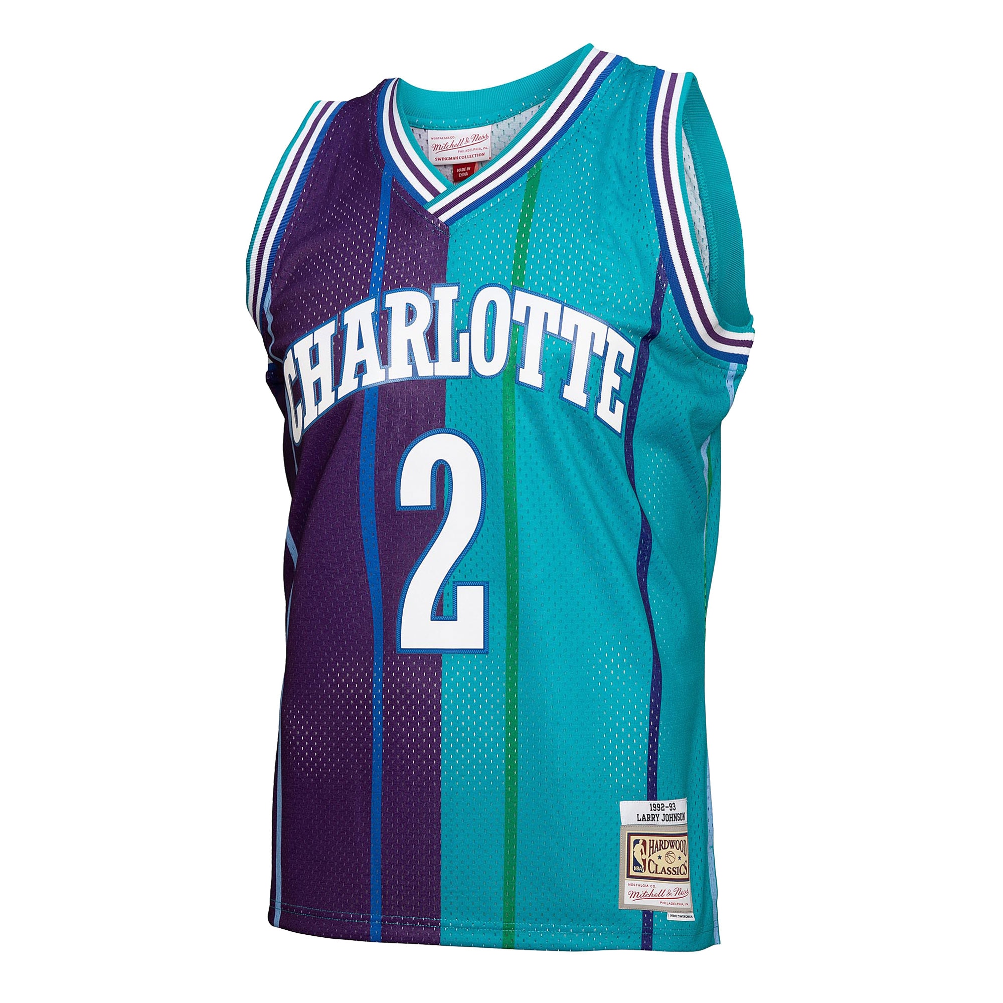 Men's Mitchell & Ness Larry Johnson Teal/Purple Charlotte Hornets Hardwood Classics 1992/93 Split Swingman Jersey