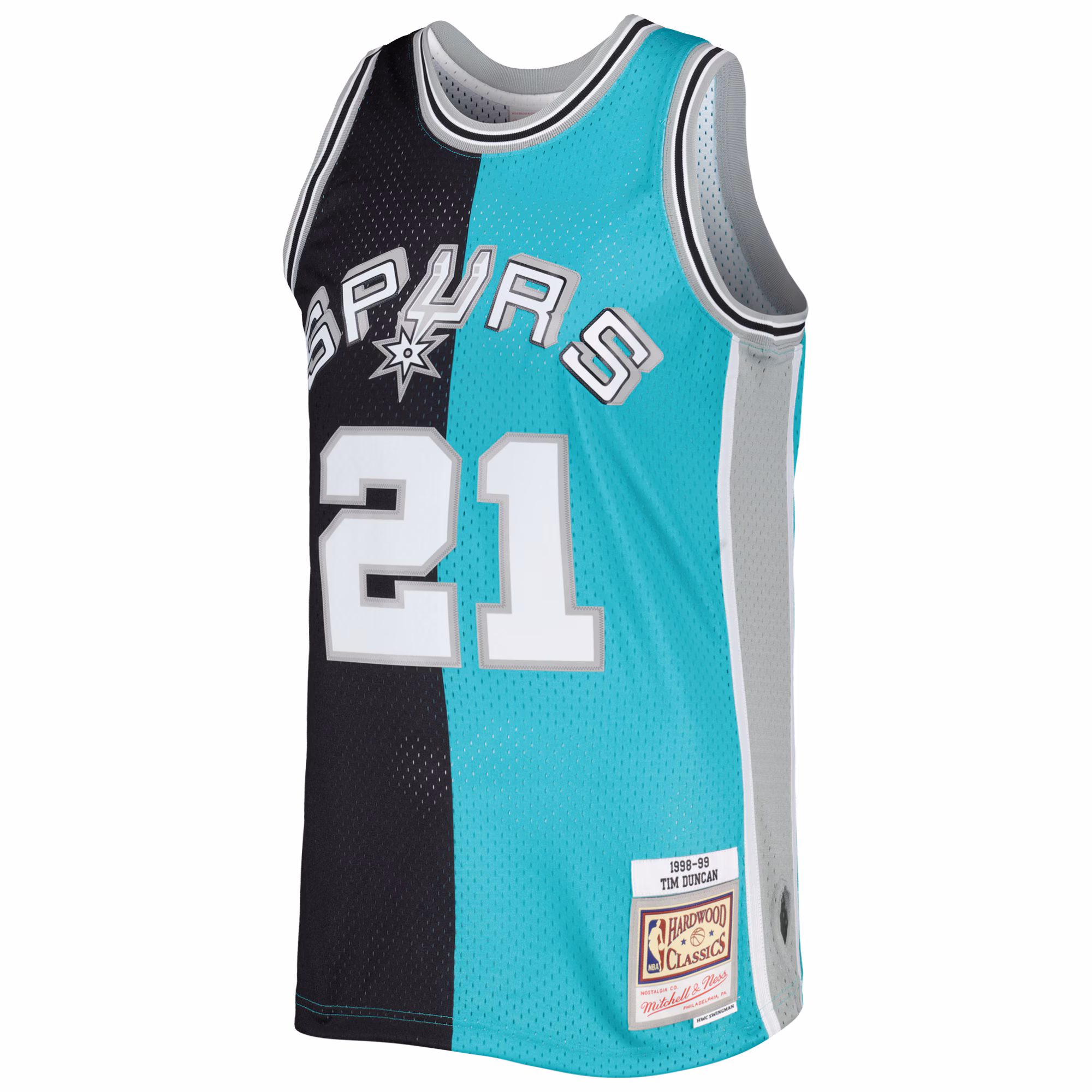 Tim Duncan San Antonio Spurs Mitchell & Ness Hardwood Classics 1998/99 Split Swingman Jersey - Black/Teal