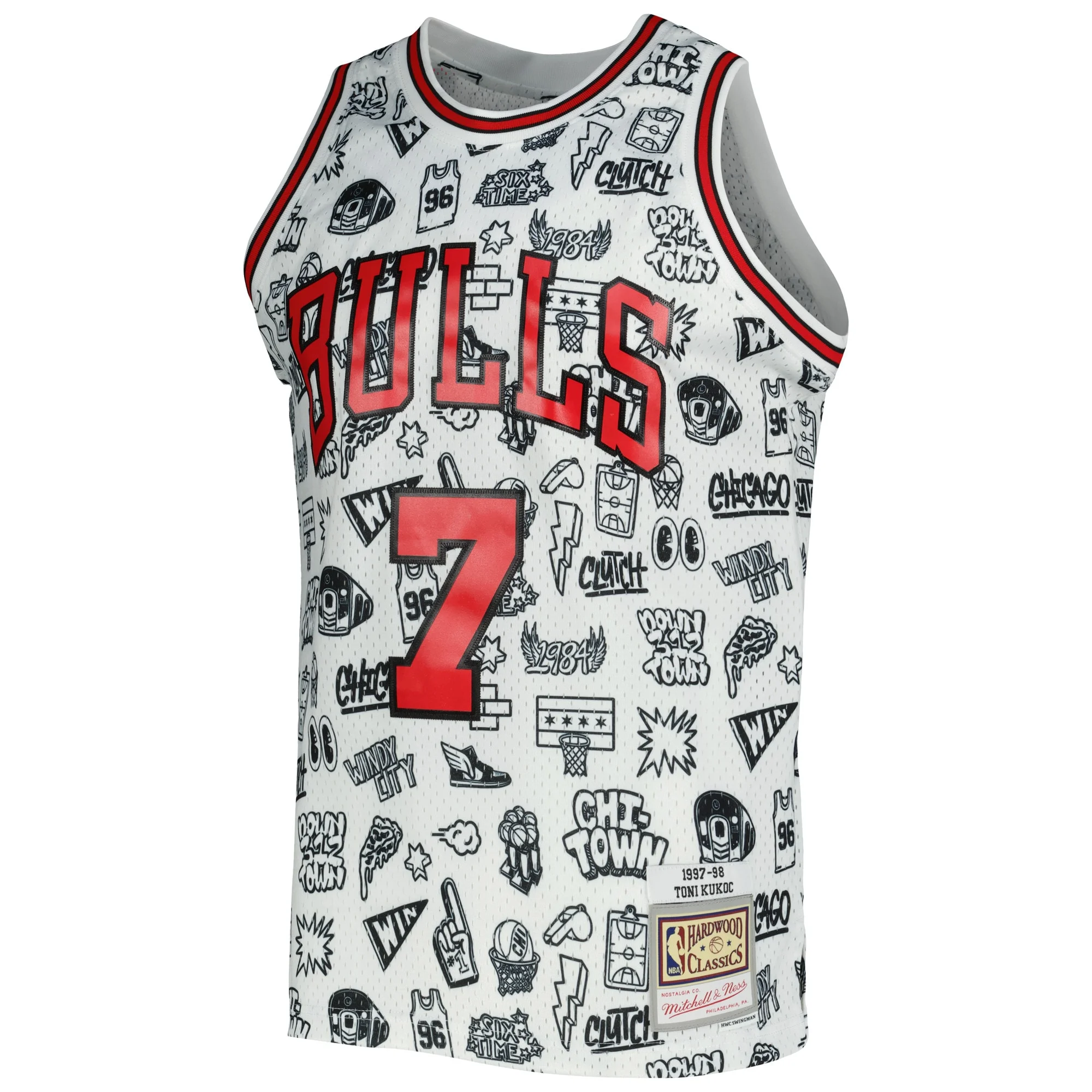 Men's Mitchell & Ness Toni Kukoc White Chicago Bulls 1997/98 Hardwood Classics Doodle Swingman Jersey