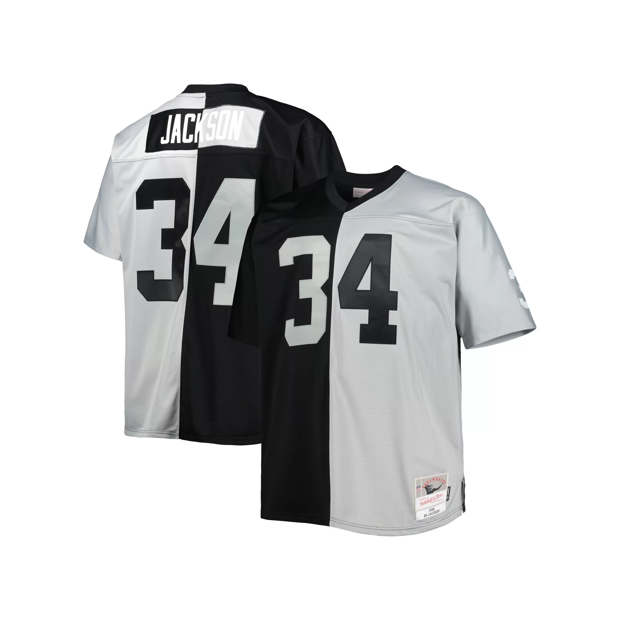 Men's Mitchell & Ness Bo Jackson Black/Silver Las Vegas Raiders Big & Tall Split Legacy Retired Player Replica Jersey