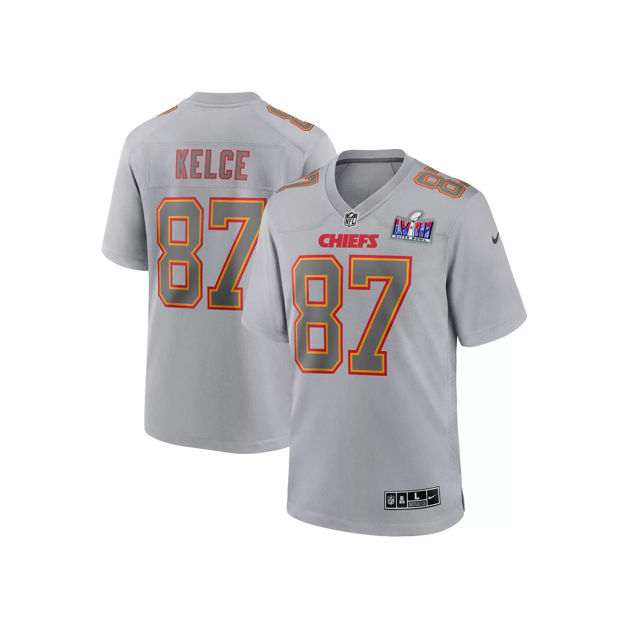 Men's Nike Travis Kelce Gray Kansas City Chiefs Super Bowl LVIII Atmosphere Fashion Game Jersey