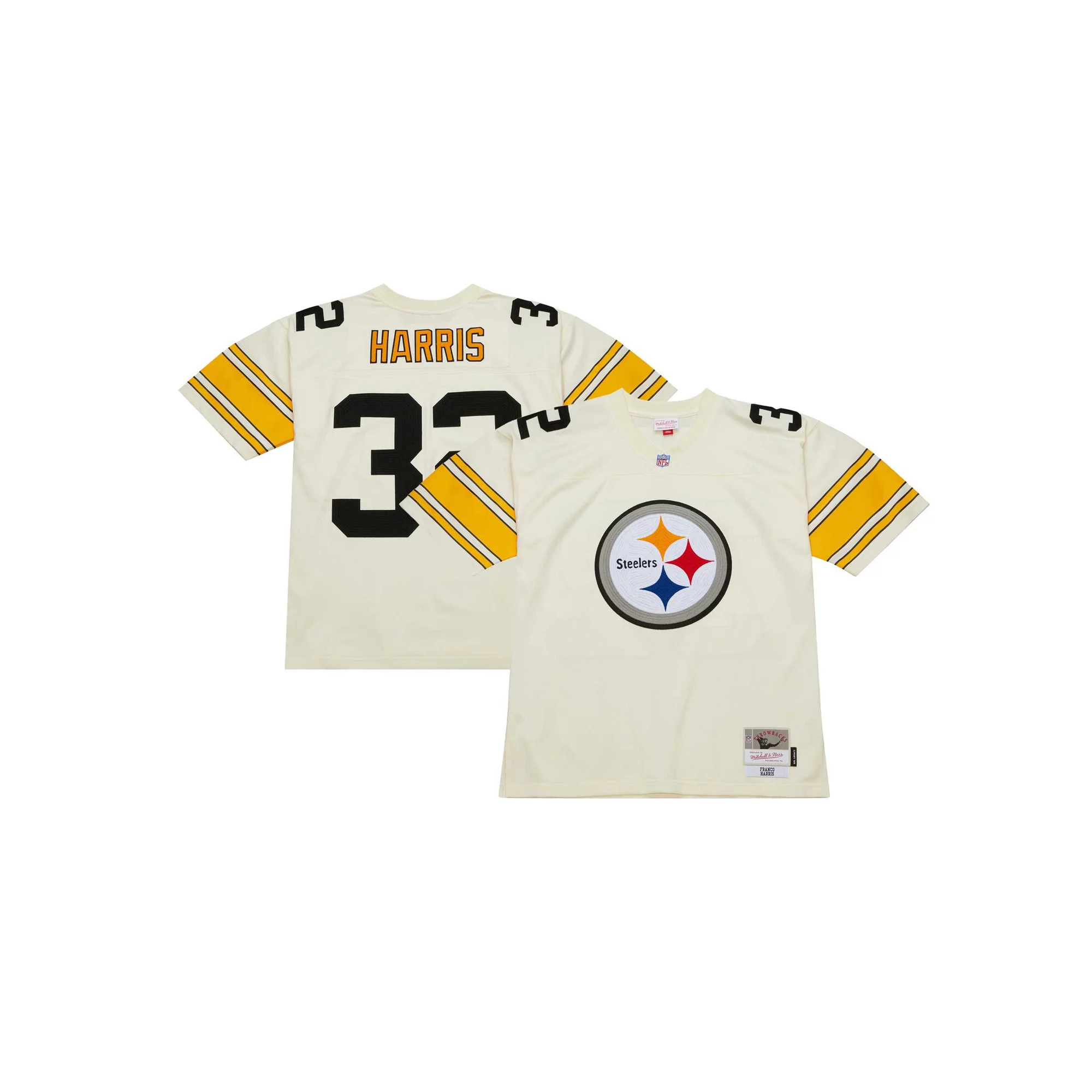 Men's Mitchell & Ness Franco Harris Cream Pittsburgh Steelers Chainstitch Legacy Jersey