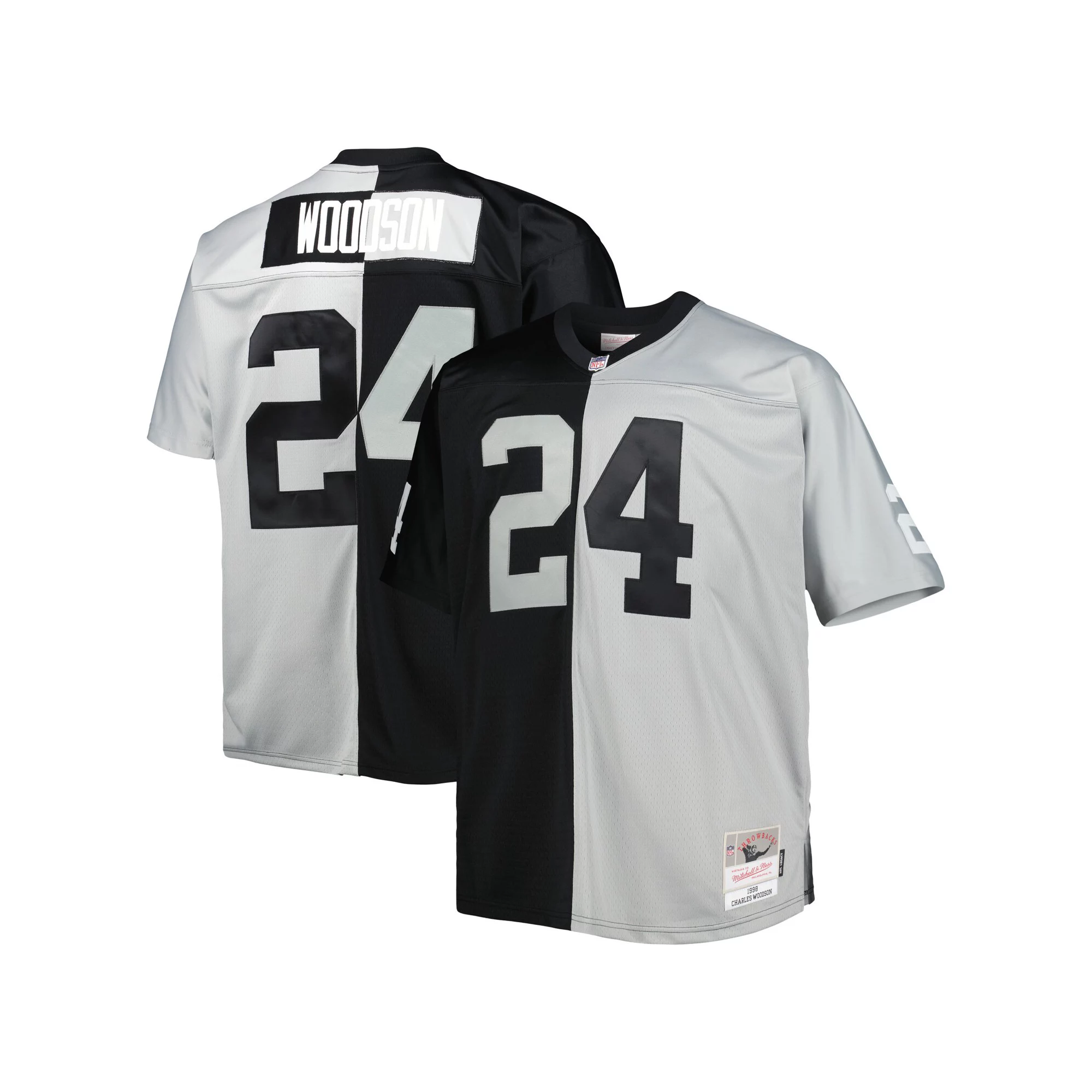 Men's Mitchell & Ness Charles Woodson Black/Silver Las Vegas Raiders Big & Tall Split Legacy Retired Player Replica Jersey