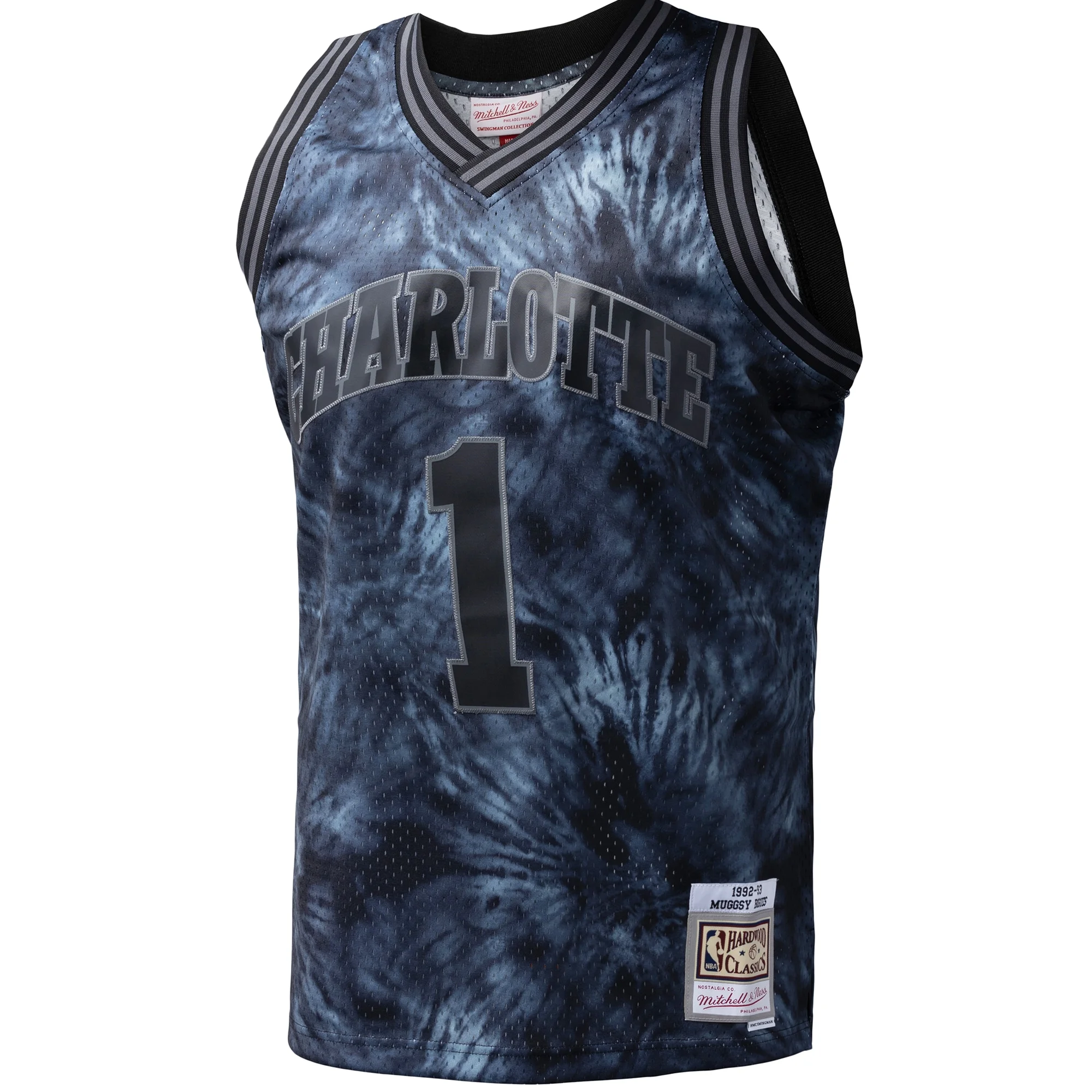 Men's Mitchell & Ness Muggsy Bogues Black Charlotte Hornets Hardwood Classics 1992/93 Tie-Dye Swingman Jersey