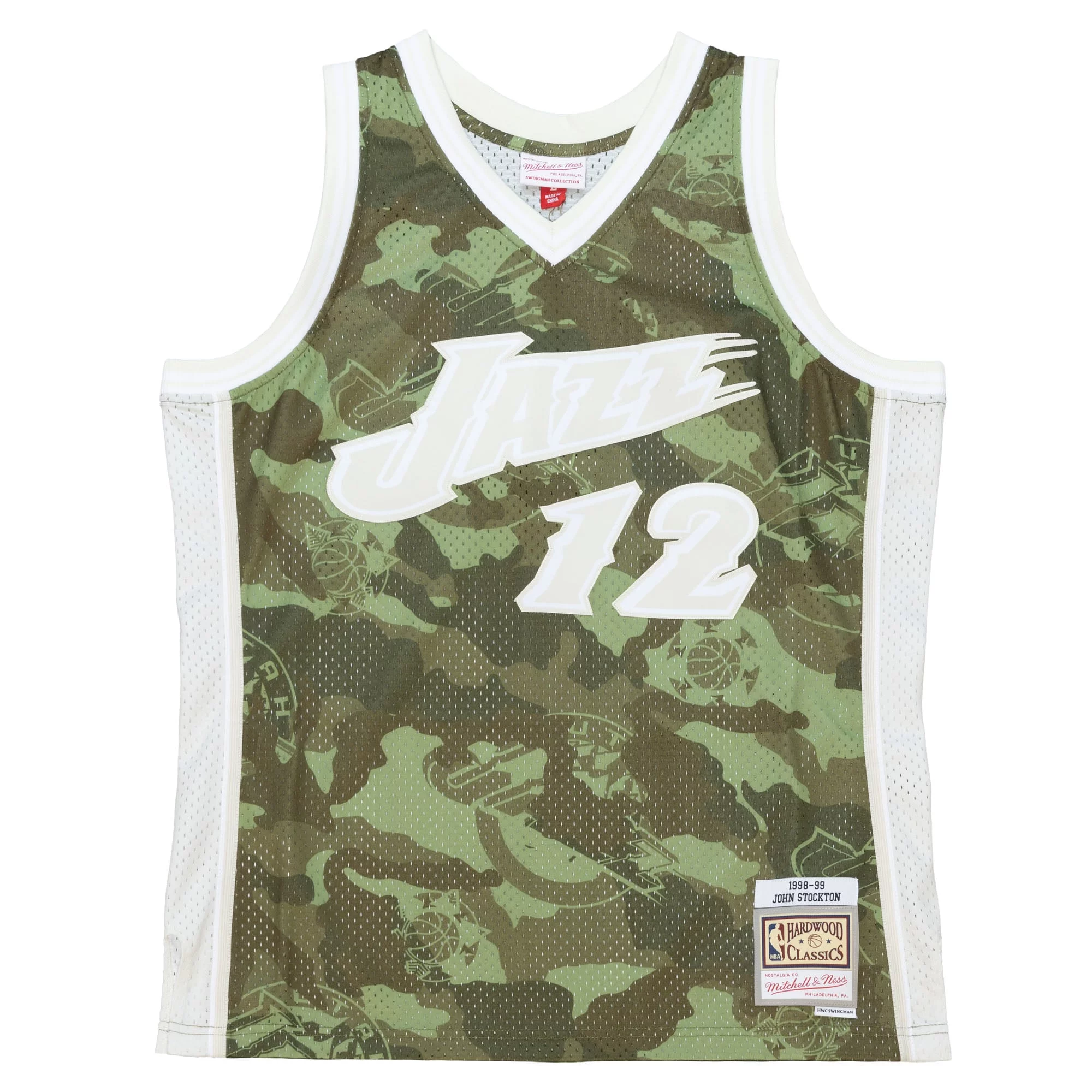 Men's Mitchell & Ness John Stockton Camo Utah Jazz Hardwood Classics 1998/99 Ghost Green Swingman Jersey