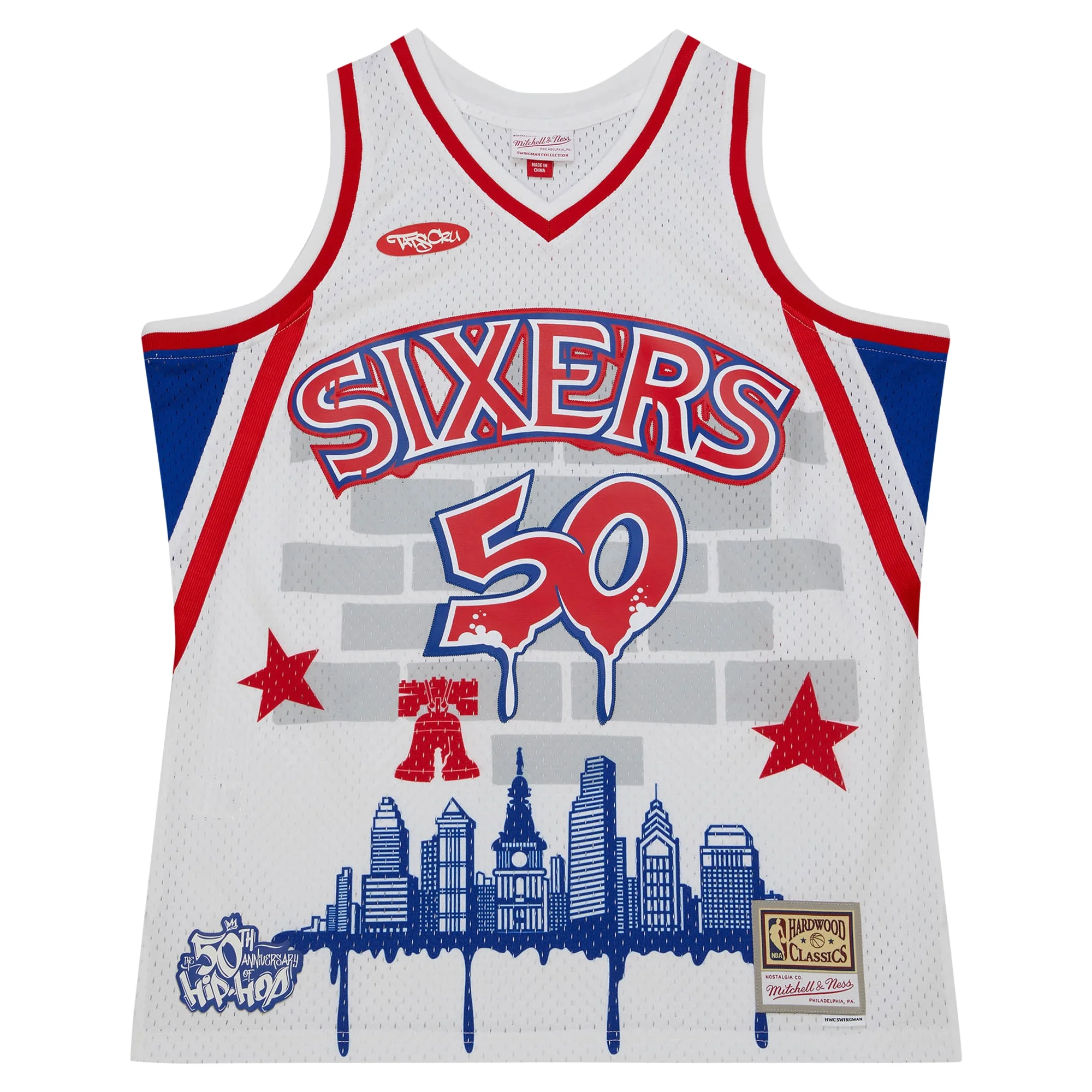 Men's Mitchell & Ness x Tats Cru White Philadelphia 76ers Hardwood Classics Fashion Jersey