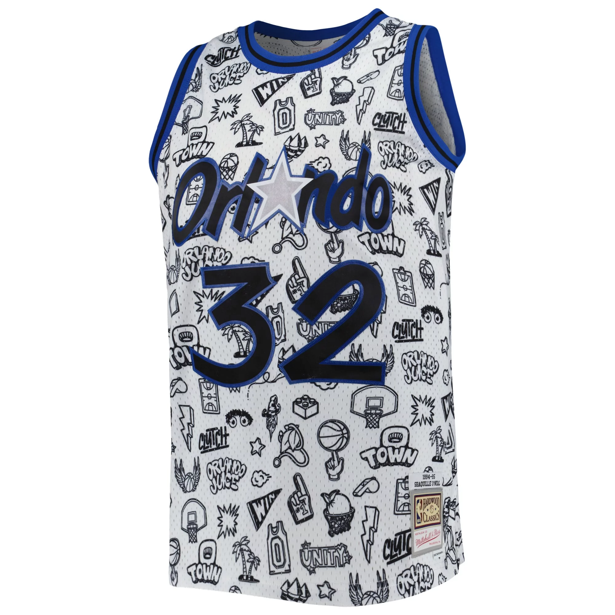 Men's Mitchell & Ness Shaquille O'Neal White Orlando Magic 1994/95 Hardwood Classics Doodle Swingman Jersey