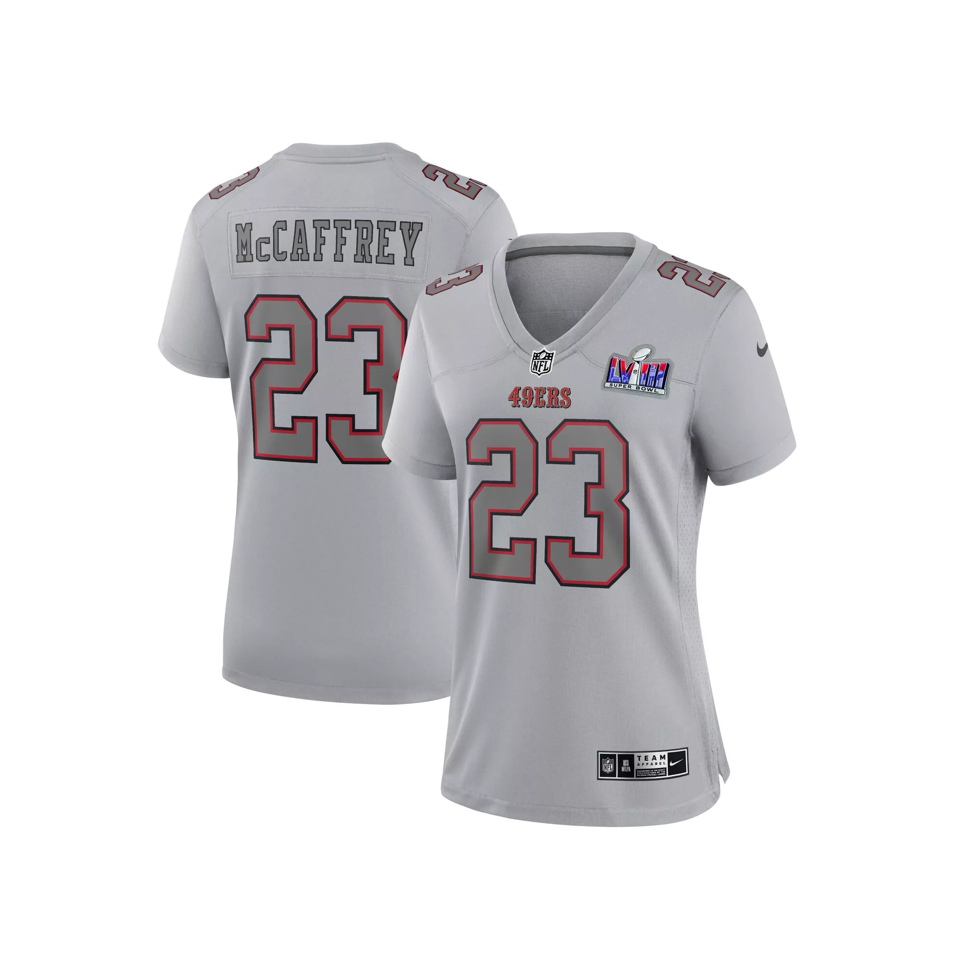 Women's Nike Christian McCaffrey Gray San Francisco 49ers Super Bowl LVIII Atmosphere Fashion Game Jersey