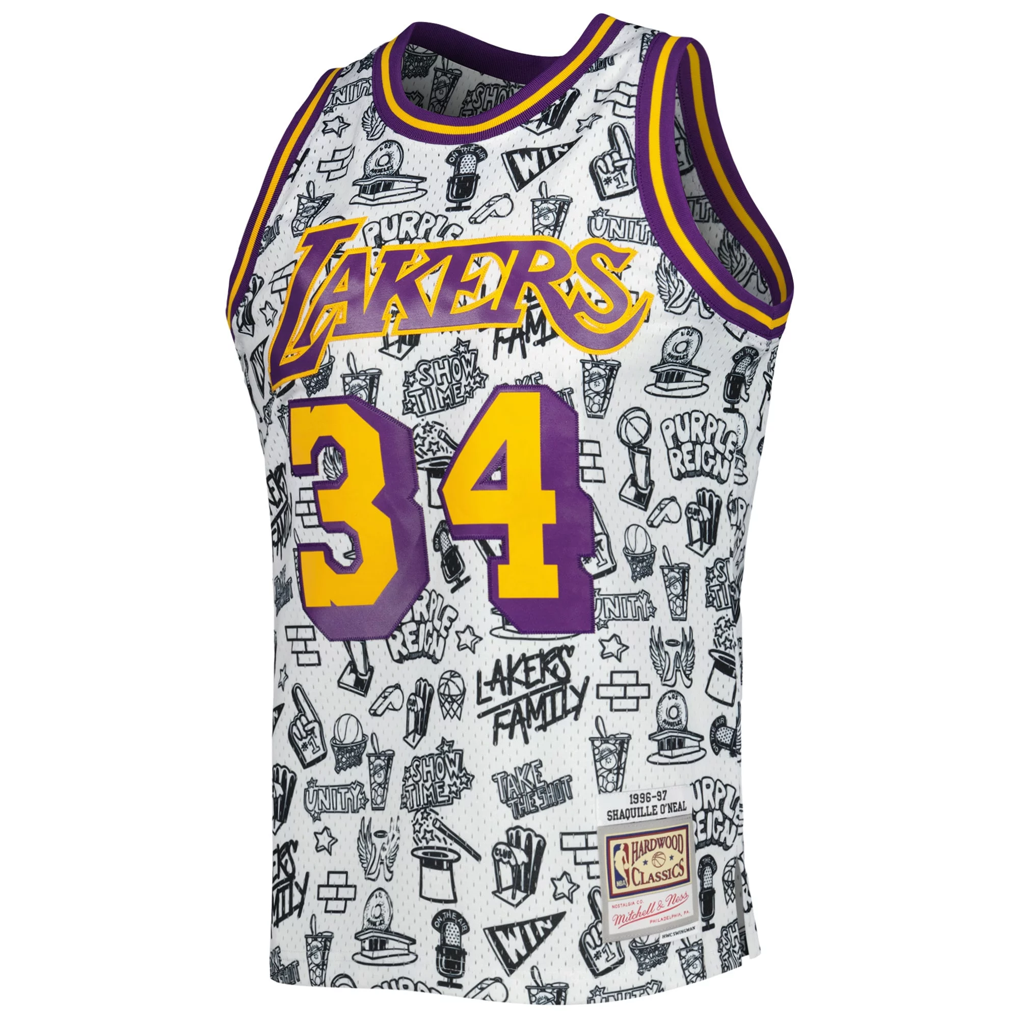 Men's Mitchell & Ness Shaquille O'Neal White Los Angeles Lakers 1996/97 Hardwood Classics Doodle Swingman Jersey