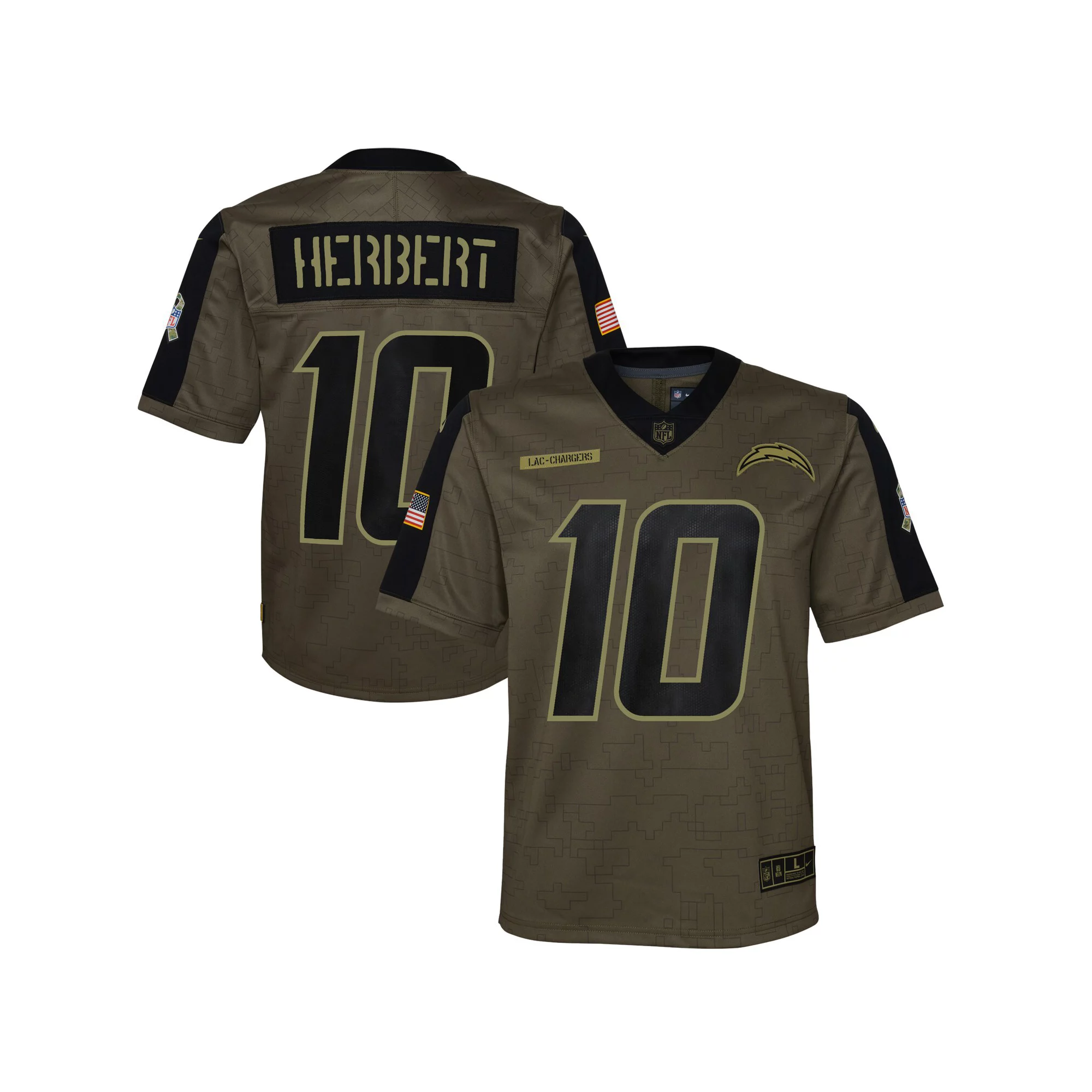 Youth Nike Justin Herbert Olive Los Angeles Chargers 2021 Salute To Service Game Jersey