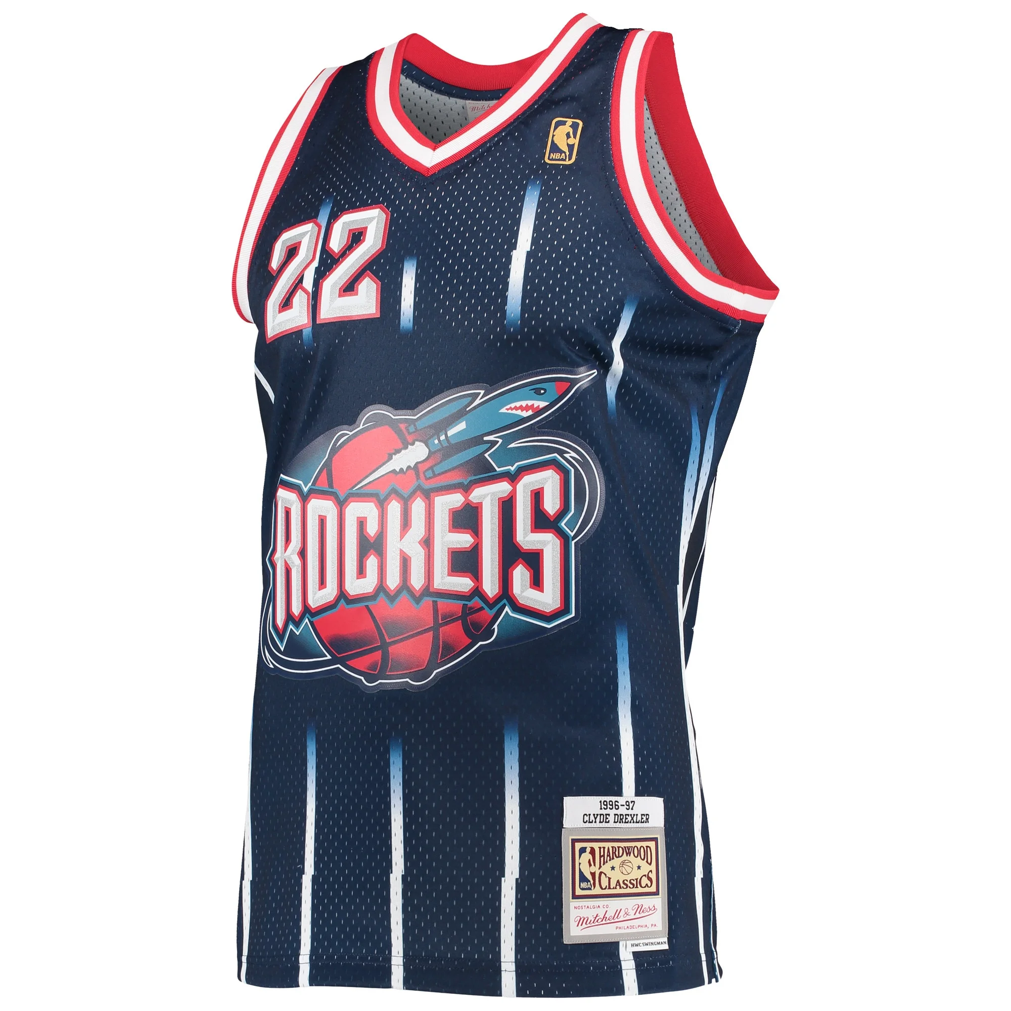 Men's Mitchell & Ness Clyde Drexler Navy Houston Rockets 1996-97 Hardwood Classics Swingman Jersey