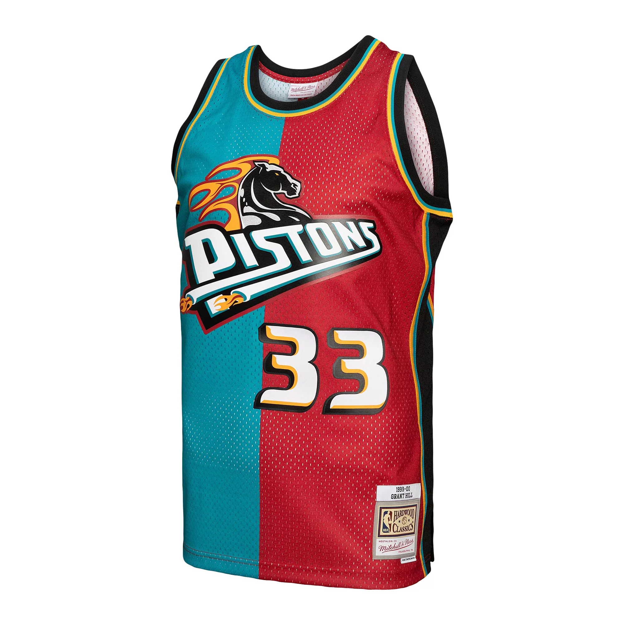 Men's Mitchell & Ness Grant Hill Teal/Red Detroit Pistons Hardwood Classics 1999/00 Split Swingman Jersey