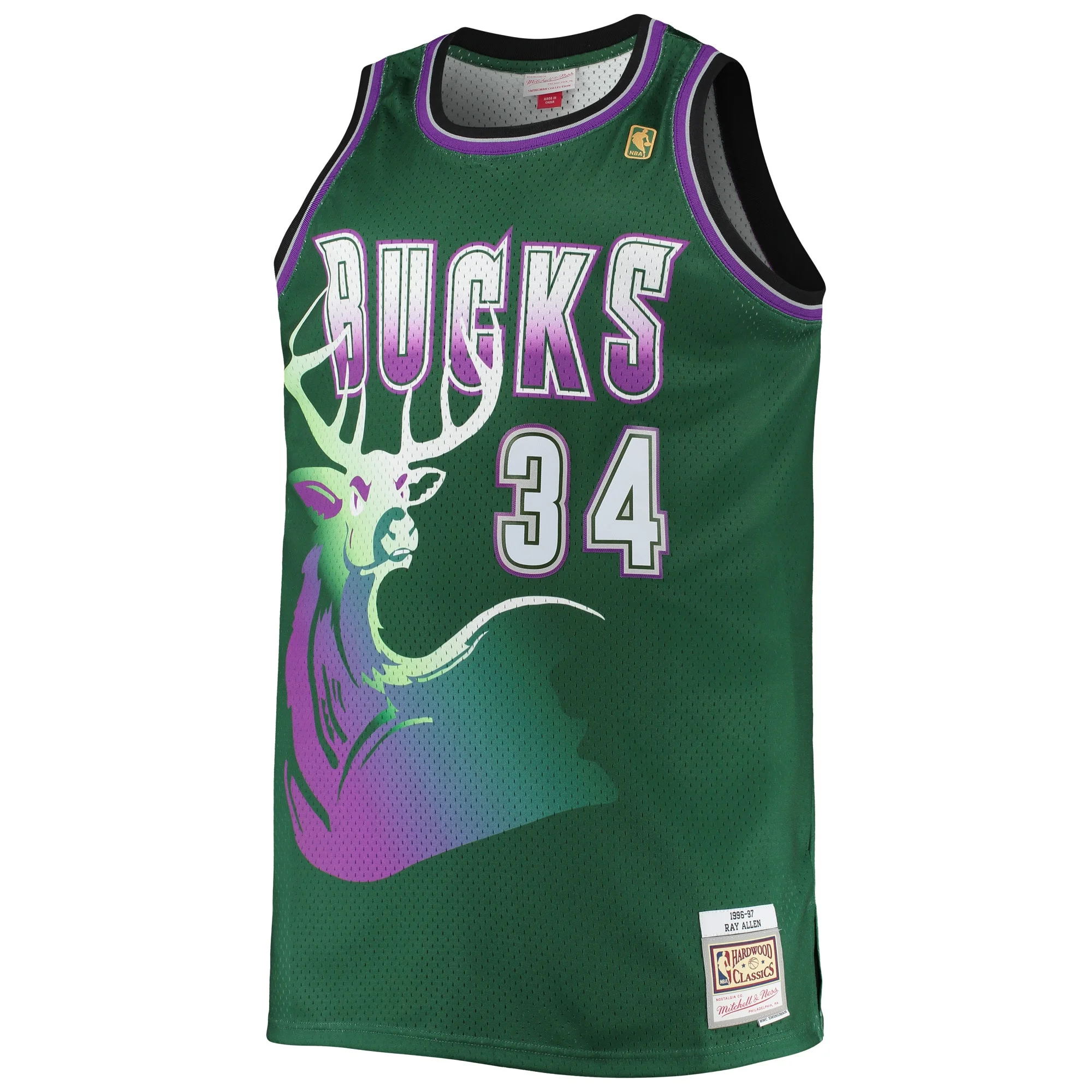 Men's Mitchell & Ness Ray Allen Hunter Green Milwaukee Bucks Big & Tall 1996/97 Hardwood Classics Swingman Jersey
