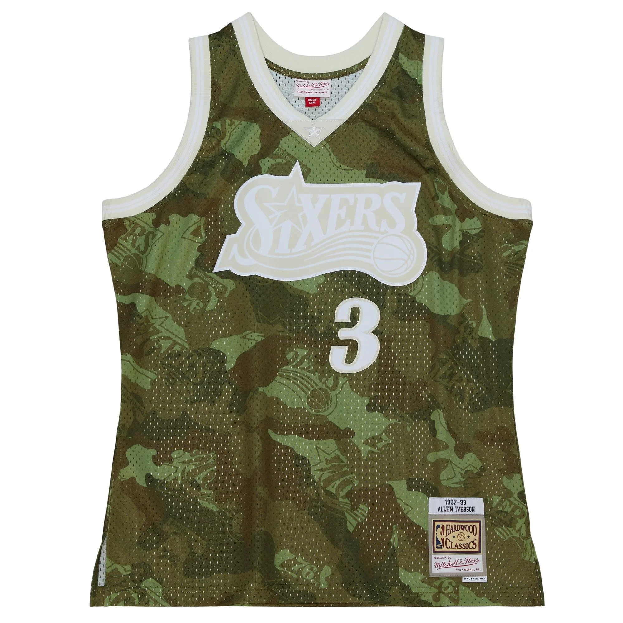 Men's Mitchell & Ness Allen Iverson Camo Philadelphia 76ers Hardwood Classics 1997/98 Ghost Green Swingman Jersey