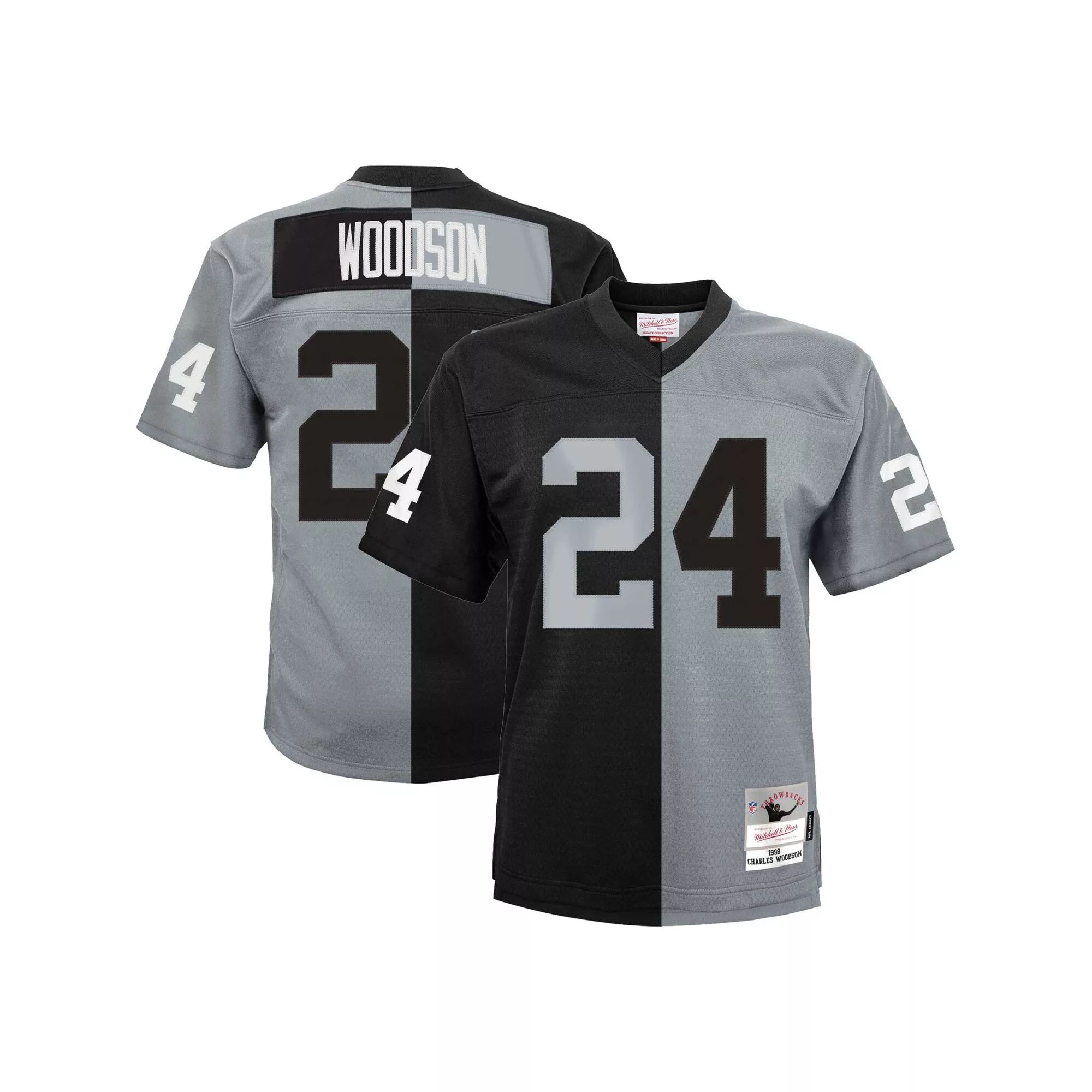 Youth Mitchell & Ness Charles Woodson Black/Silver Las Vegas Raiders Split Legacy Jersey