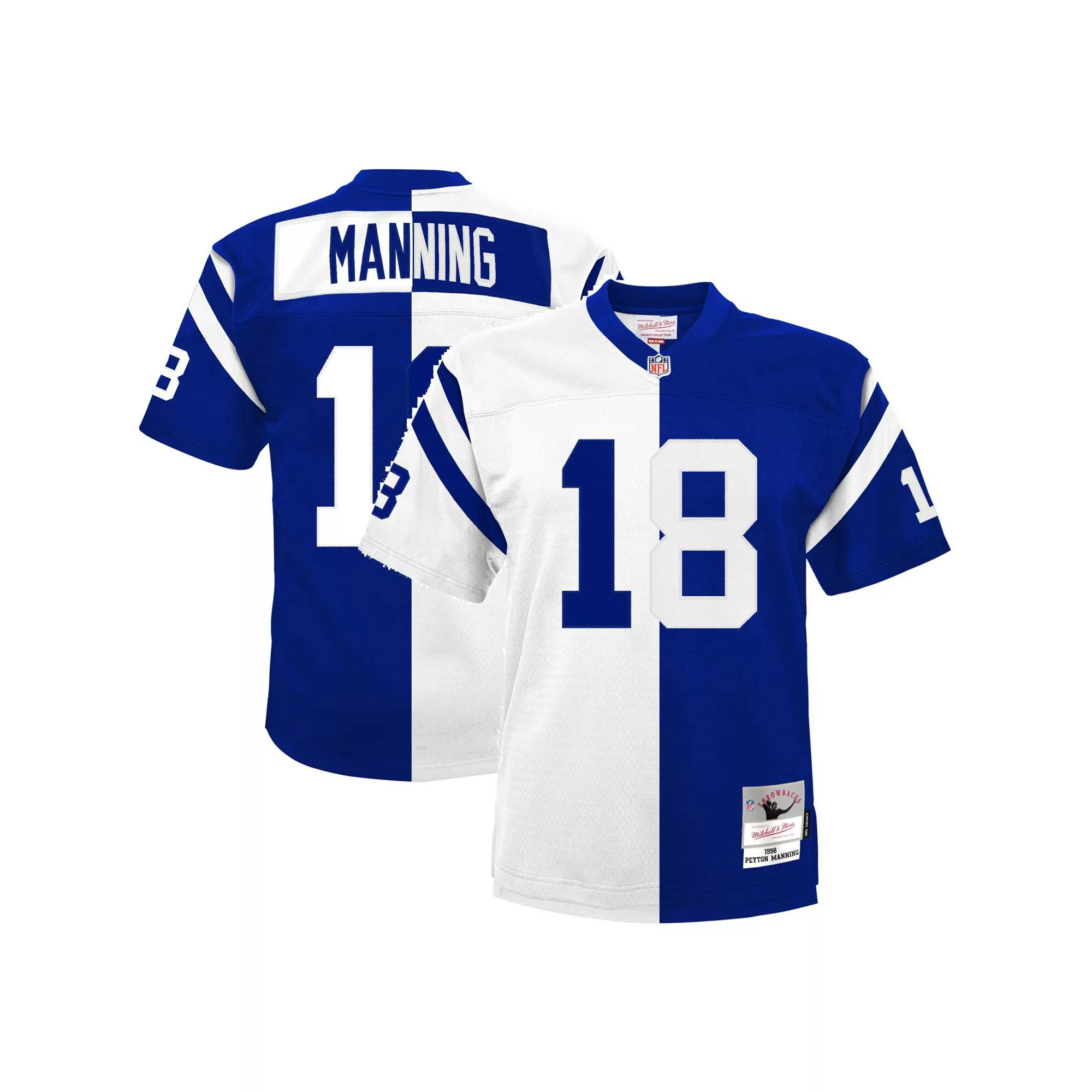 Men's Mitchell & Ness Peyton Manning Royal/White Indianapolis Colts 1998 Split Legacy Replica Jersey
