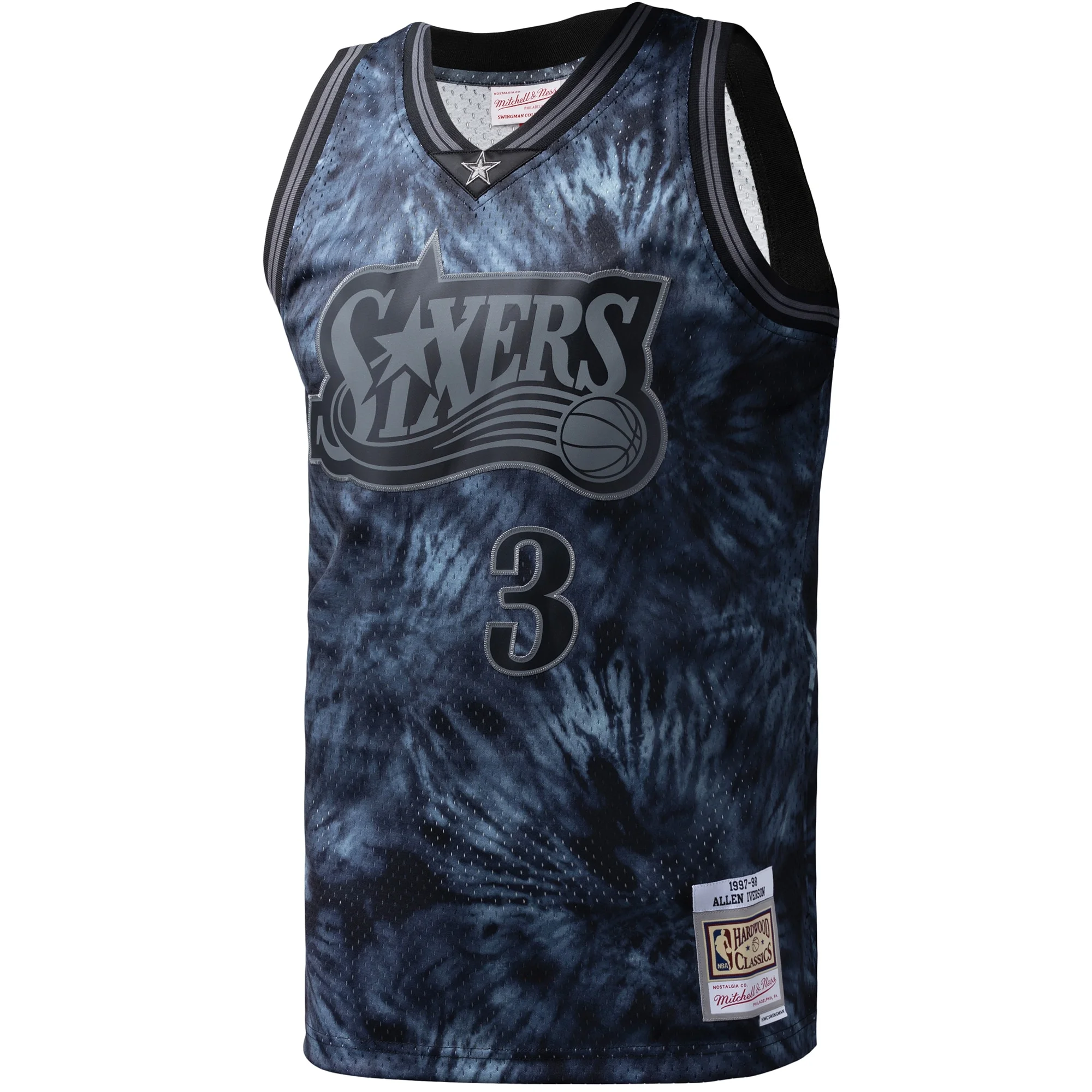 Men's Mitchell & Ness Allen Iverson Black Philadelphia 76ers Hardwood Classics 1997/98 Tie-Dye Swingman Jersey
