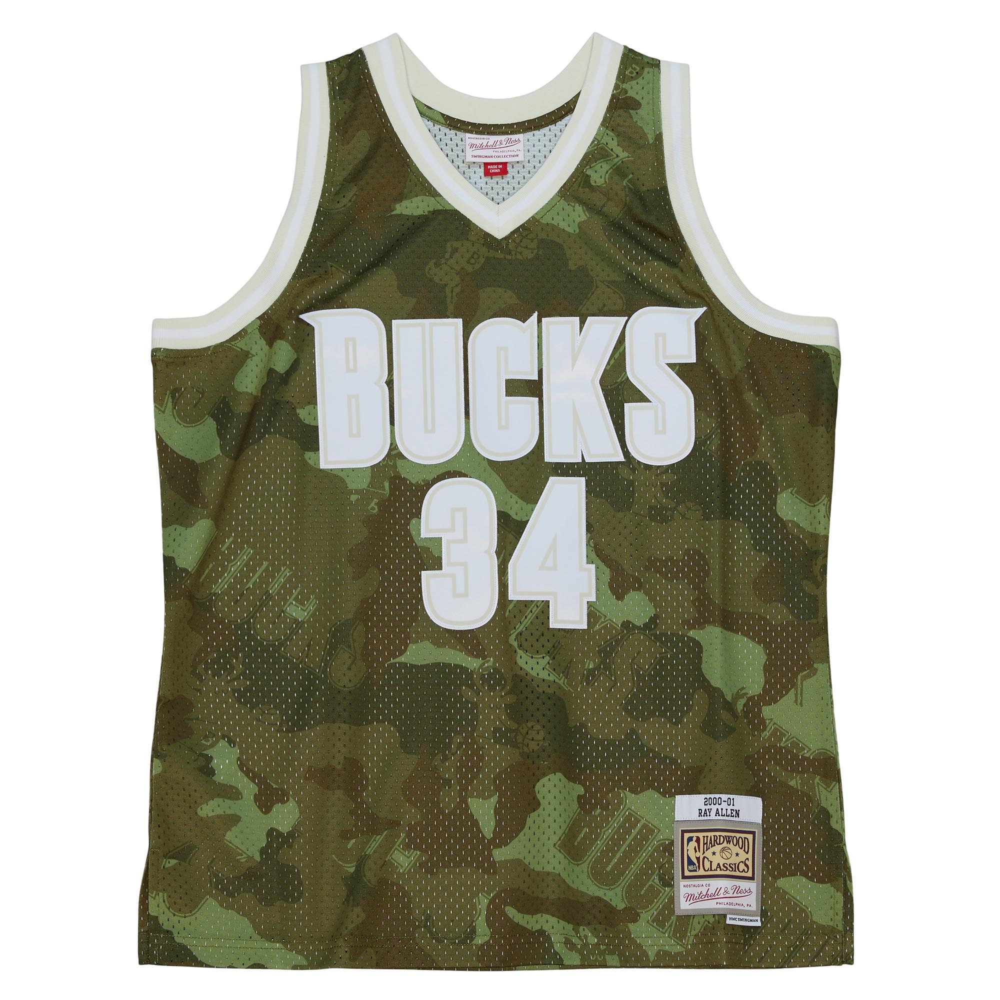Men's Mitchell & Ness Ray Allen Camo Milwaukee Bucks Hardwood Classics 2000/01 Ghost Green Swingman Jersey