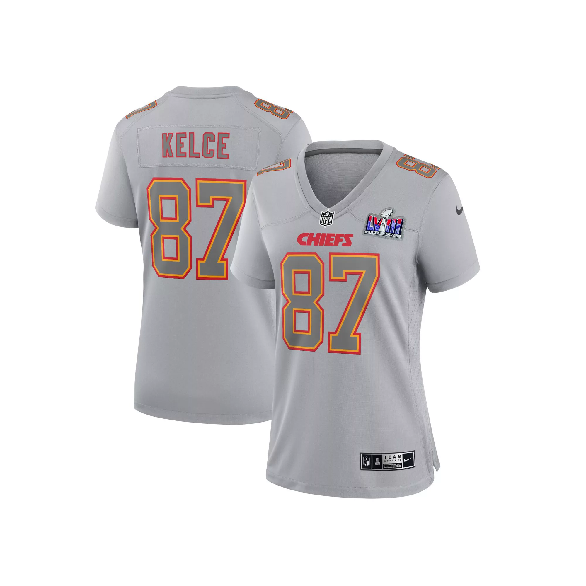 Women's Nike Travis Kelce Gray Kansas City Chiefs Super Bowl LVIII Atmosphere Fashion Game Jersey