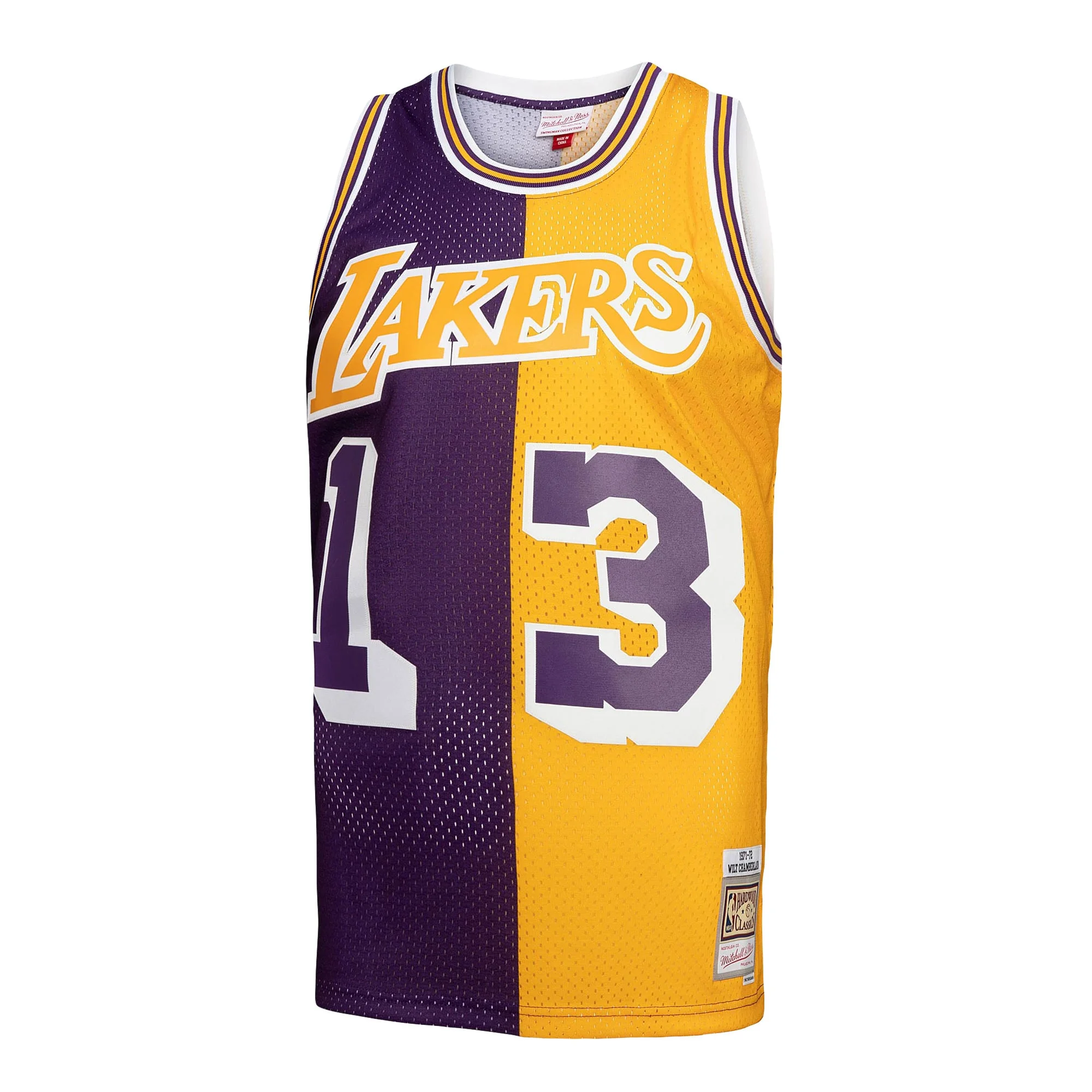 Men's Mitchell & Ness Wilt Chamberlain Purple/Gold Los Angeles Lakers Hardwood Classics 1971/72 Split Swingman Jersey