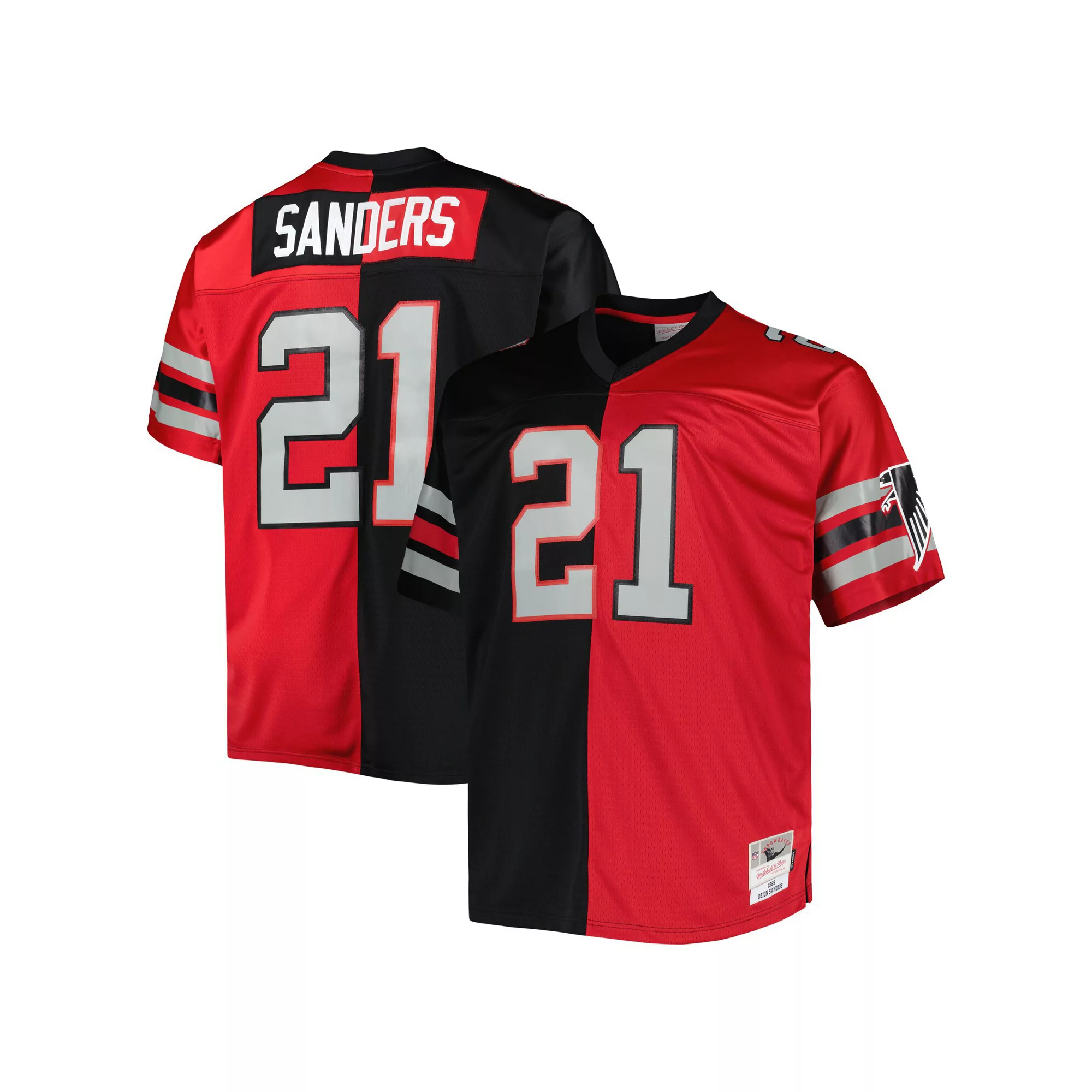 Men's Mitchell & Ness Deion Sanders Black/Red Atlanta Falcons Big & Tall Split Legacy Retired Player Replica Jersey