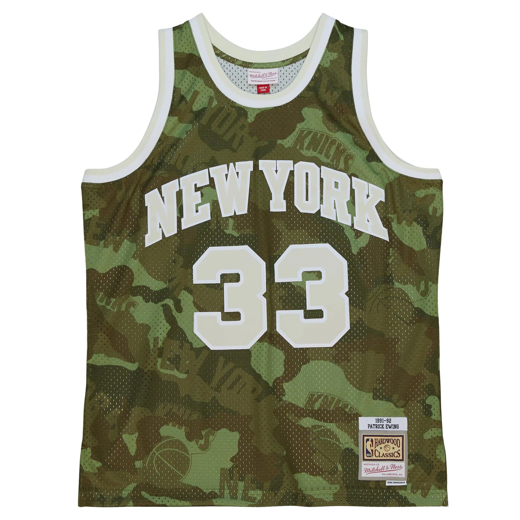Men's Mitchell & Ness Patrick Ewing Camo New York Knicks Hardwood Classics 1991/92 Ghost Green Swingman Jersey