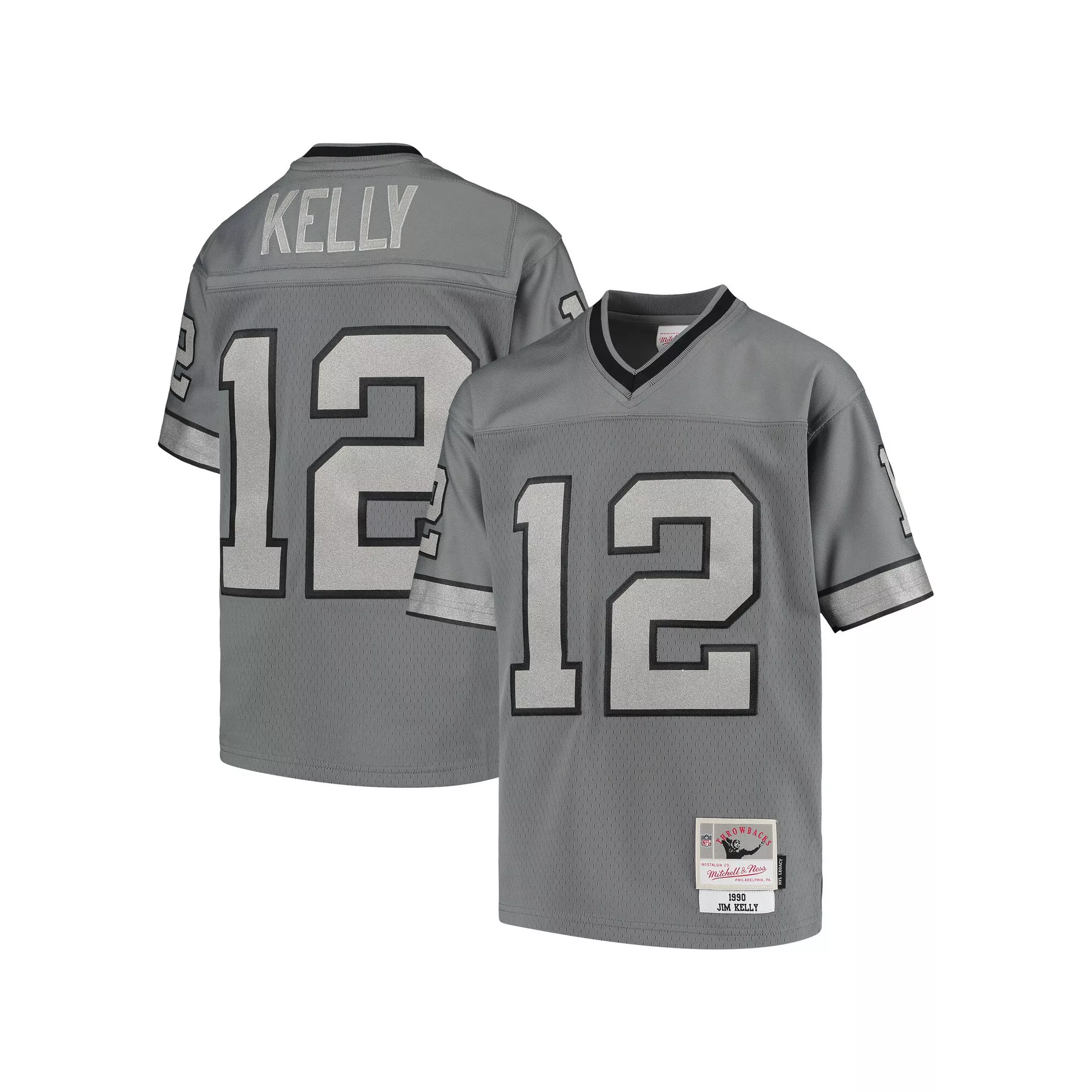 Youth Mitchell & Ness Jim Kelly Charcoal Buffalo Bills 1990 Retired Player Metal Replica Jersey
