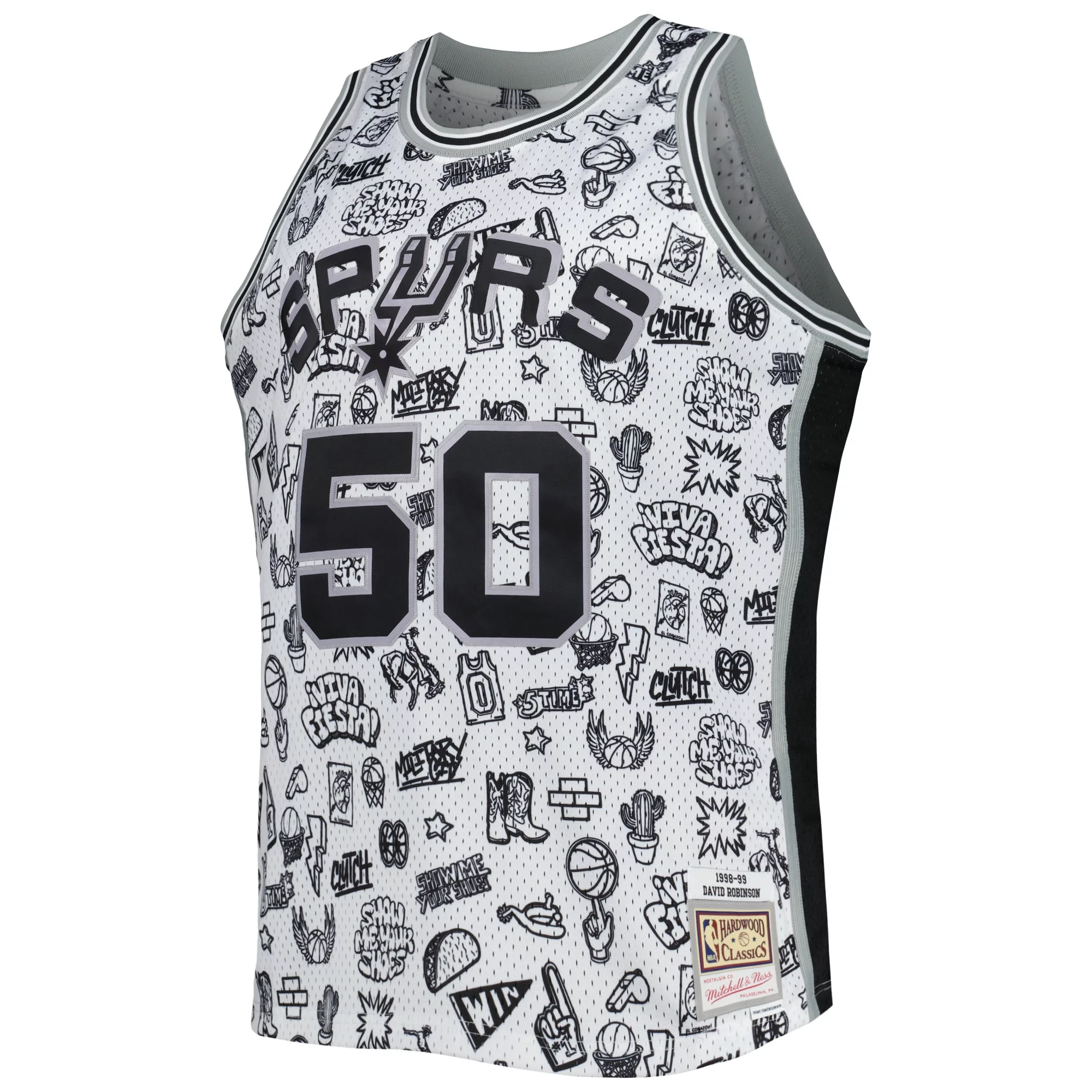 Men's Mitchell & Ness David Robinson White San Antonio Spurs 1998/99 Hardwood Classics Doodle Swingman Player Jersey