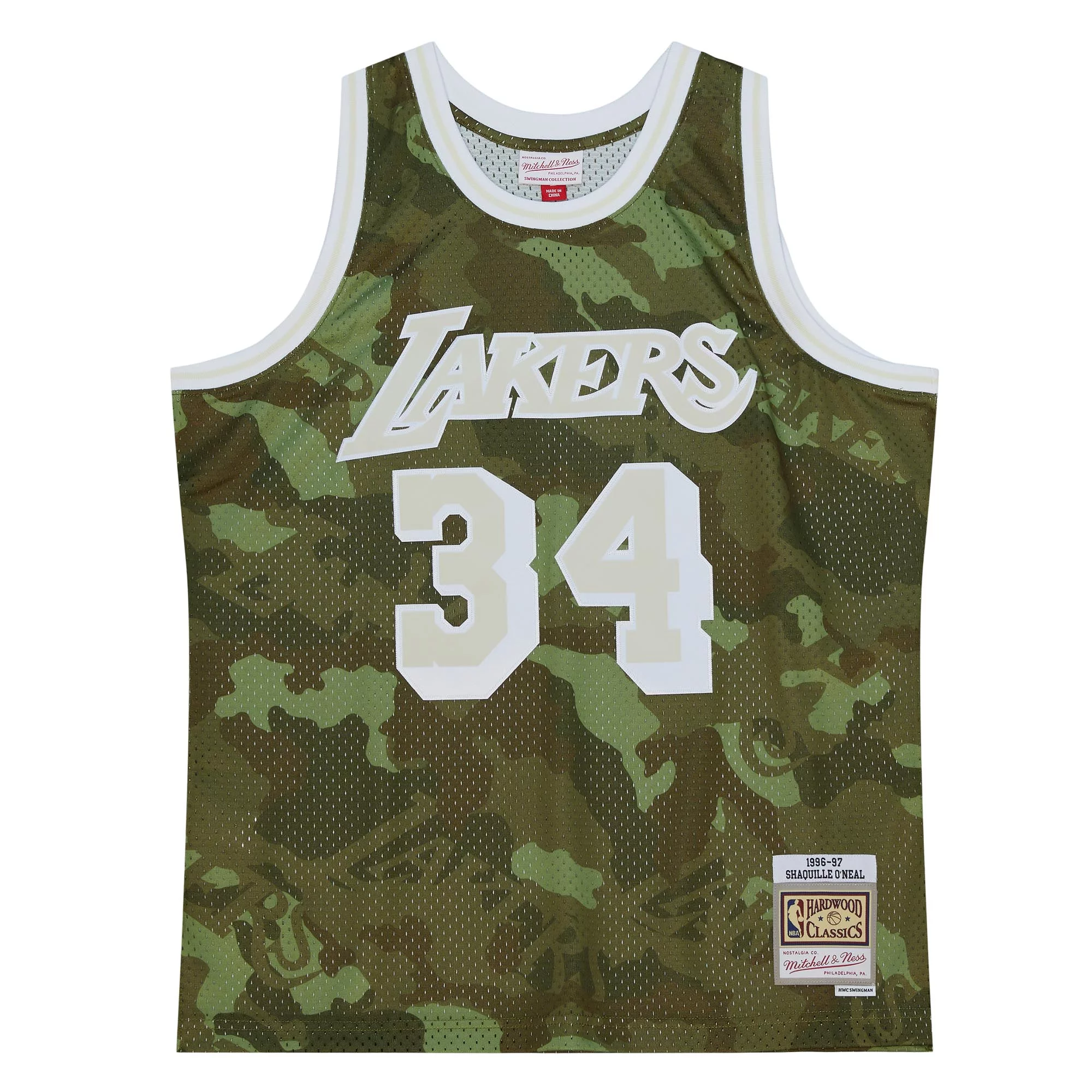 Men's Mitchell & Ness Shaquille O'Neal Camo Los Angeles Lakers Hardwood Classics 1996/97 Ghost Green Swingman Jersey