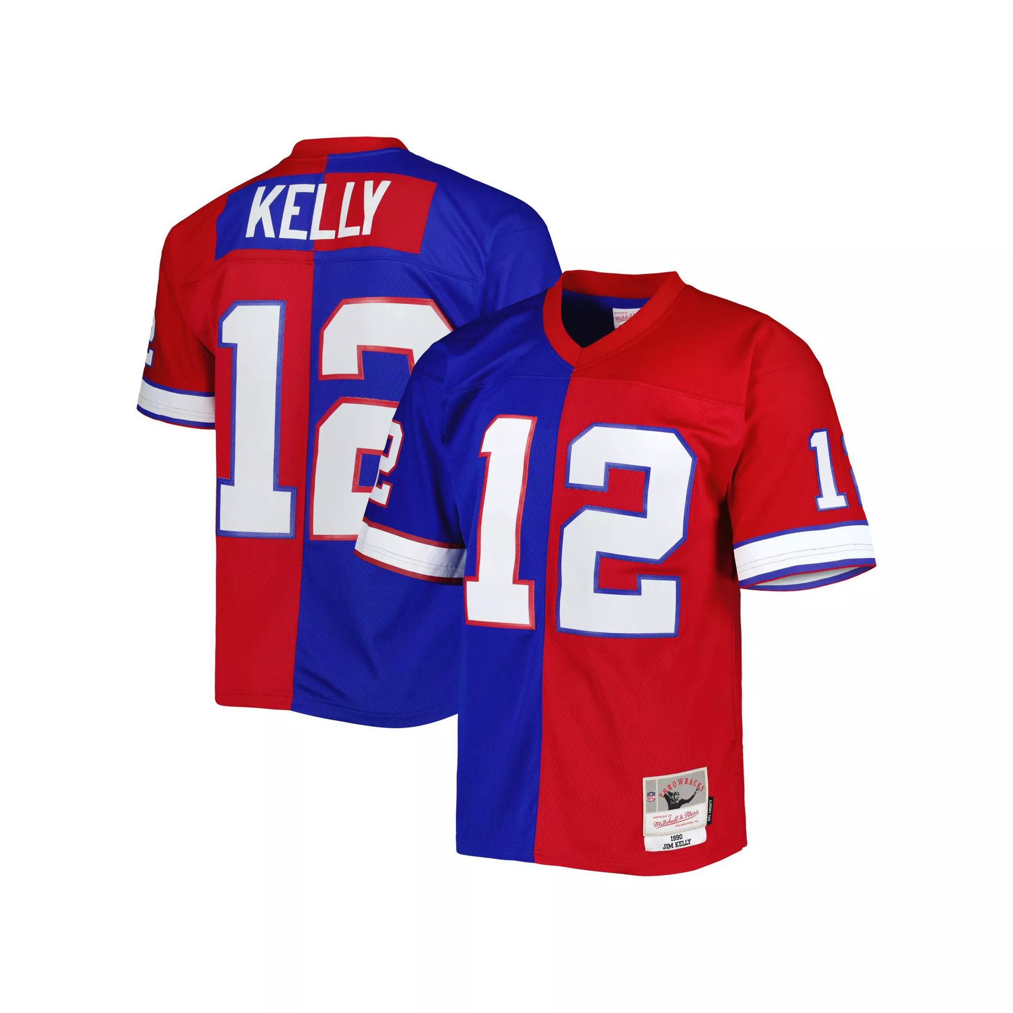 Men's Mitchell & Ness Jim Kelly Royal/Red Buffalo Bills 1990 Split Legacy Replica Jersey