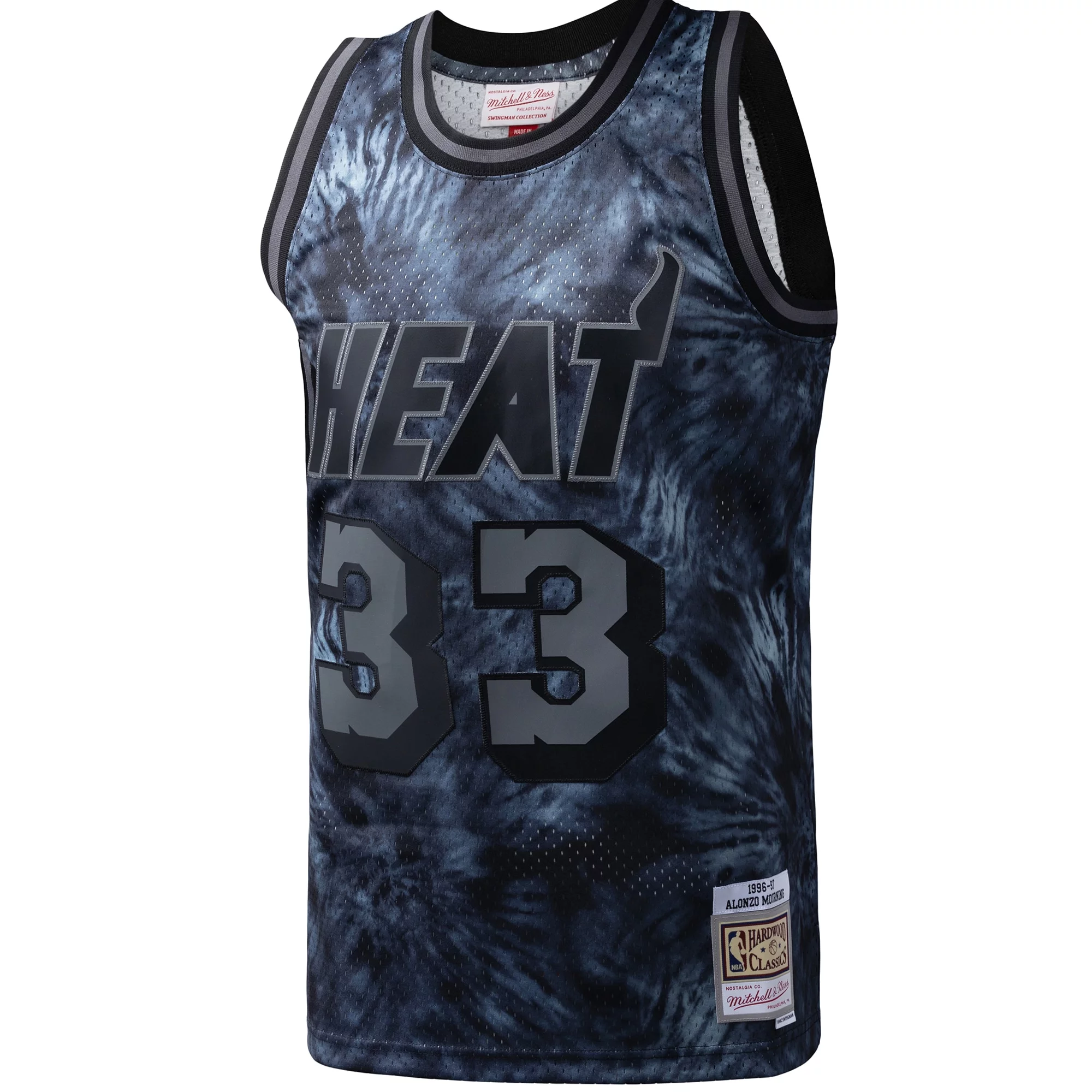 Men's Mitchell & Ness Alonzo Mourning Black Miami Heat Hardwood Classics 1996/97 Tie-Dye Swingman Jersey