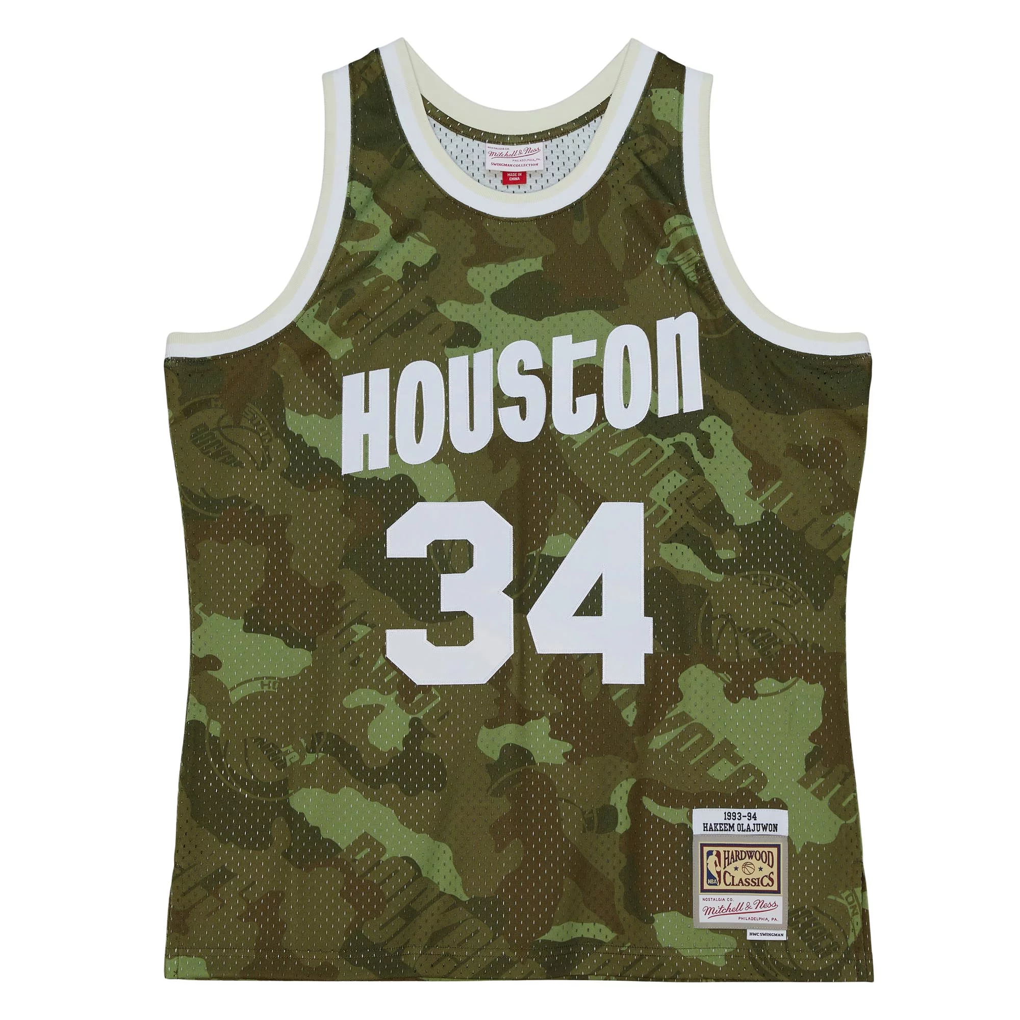 Men's Mitchell & Ness Hakeem Olajuwon Camo Houston Rockets Hardwood Classics 1993/94 Ghost Green Swingman Jersey