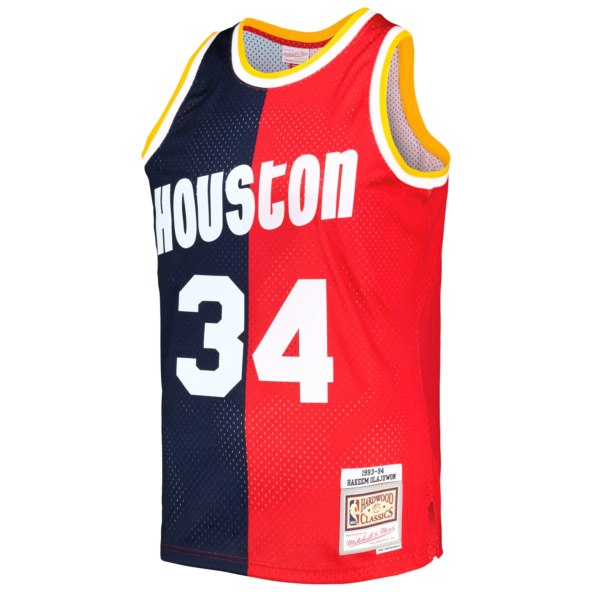 Men's Mitchell & Ness Hakeem Olajuwon Navy/Red Houston Rockets Hardwood Classics 1993/94 Split Swingman Jersey