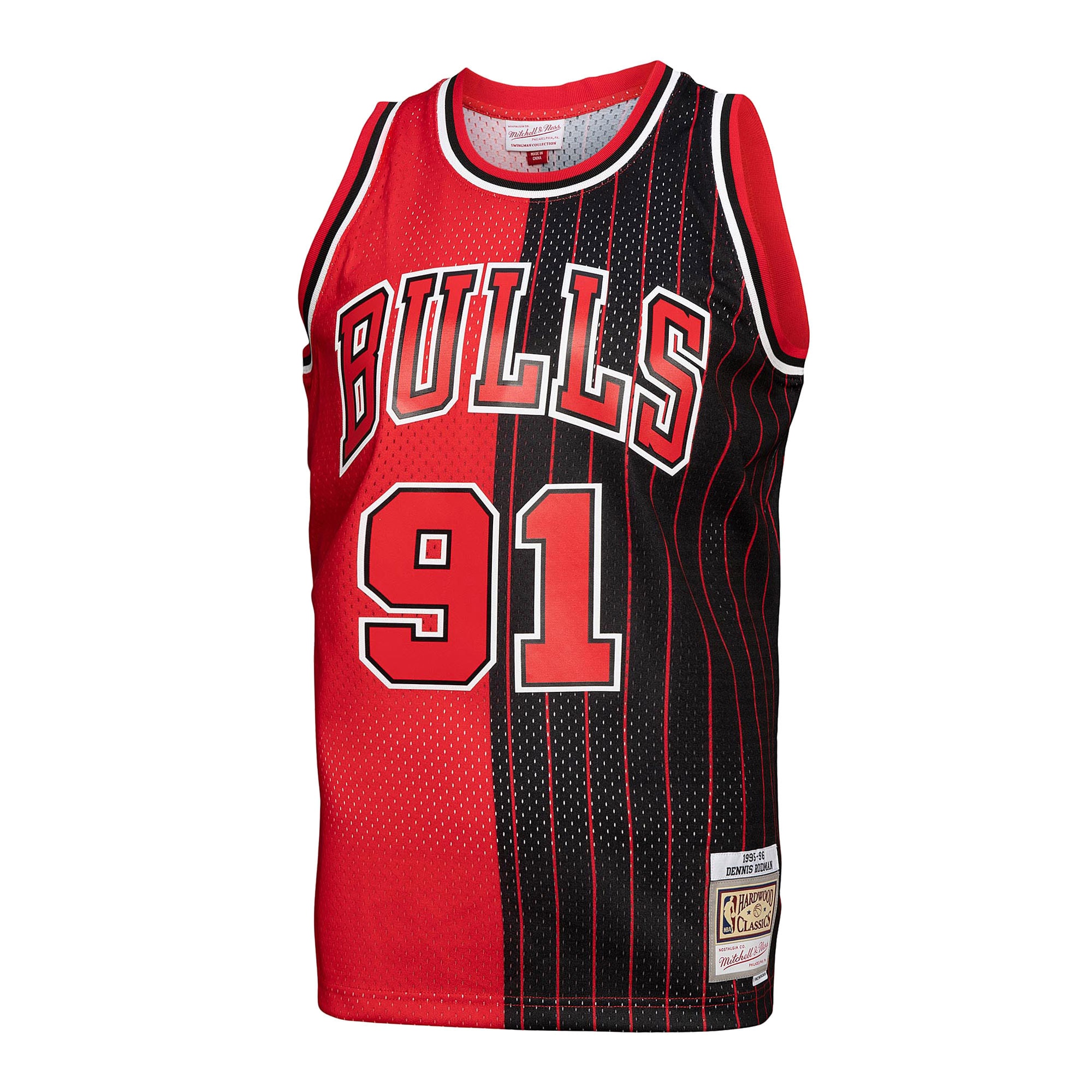 Men's Mitchell & Ness Dennis Rodman Red/Black Chicago Bulls Big & Tall Hardwood Classics 1995/96 Split Swingman Jersey