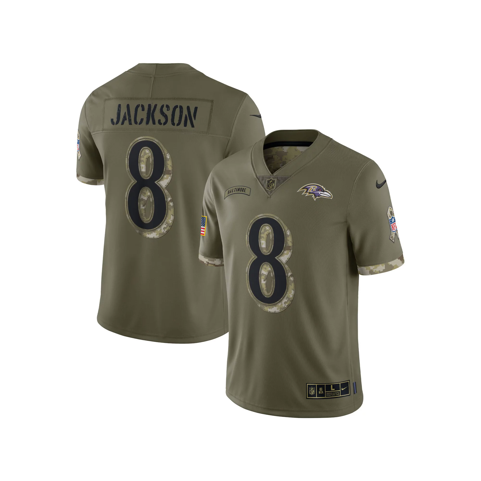 Men's Nike Lamar Jackson Olive Baltimore Ravens 2022 Salute To Service Limited Jersey