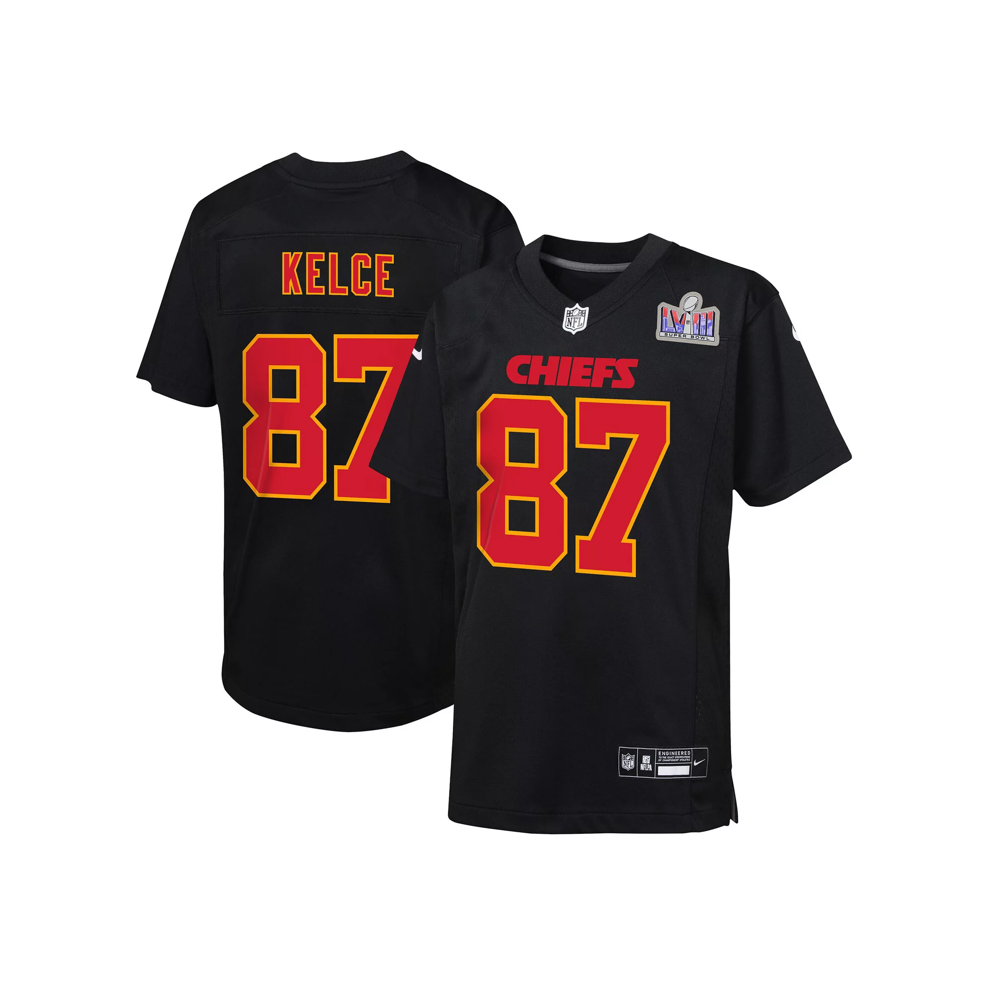 Youth Nike Travis Kelce Black Kansas City Chiefs Super Bowl LVIII Patch Carbon Fashion Game Jersey