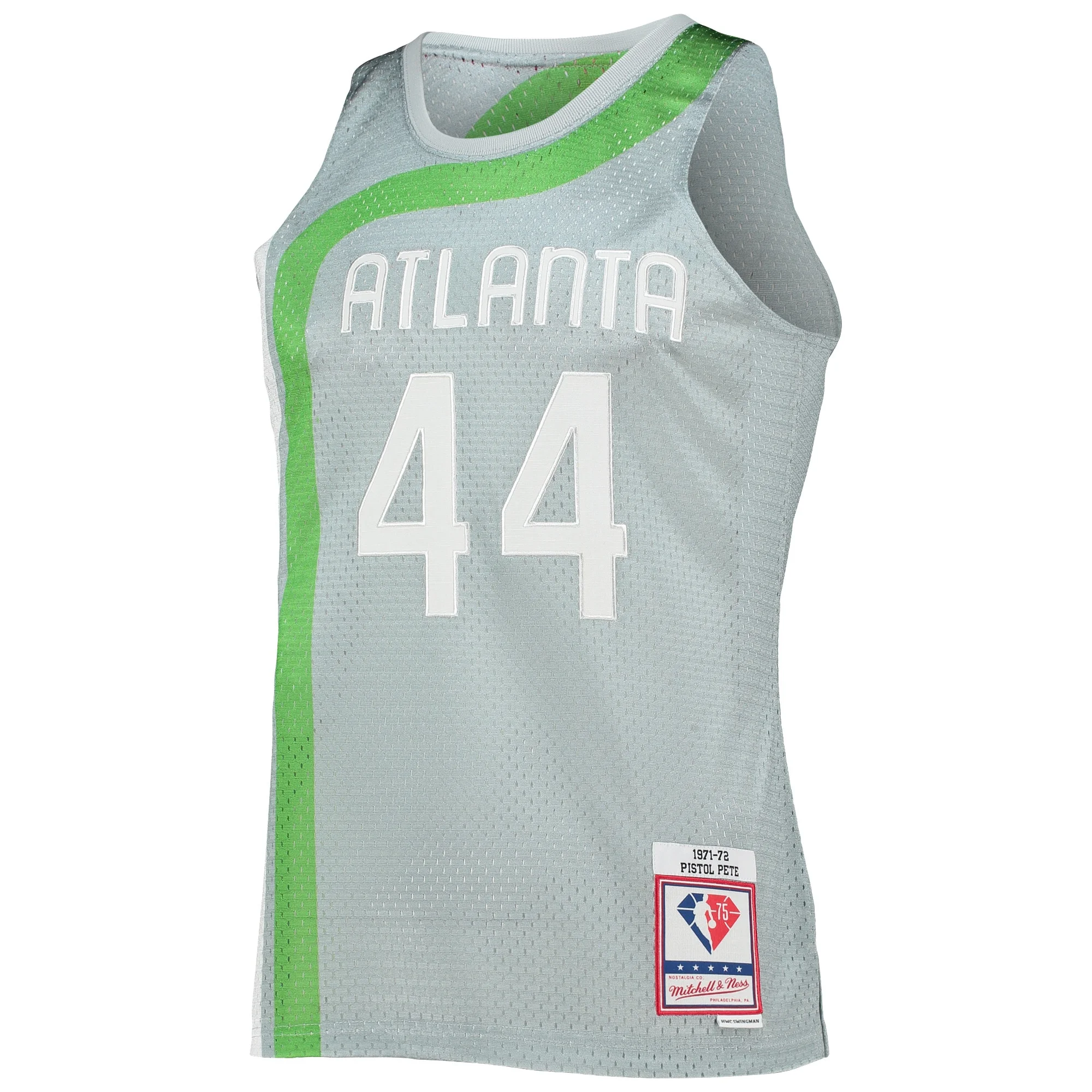 Men's Mitchell & Ness Pete Maravich Silver Atlanta Hawks 75th Anniversary 1971/72 Hardwood Classics Swingman Jersey