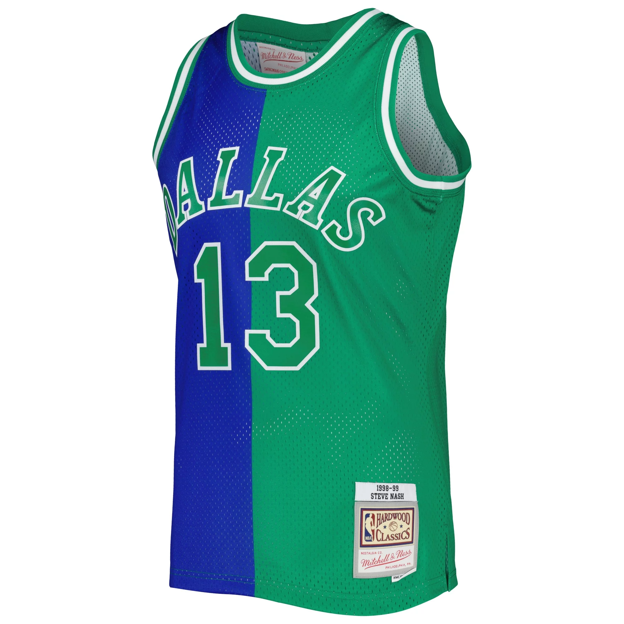 Men's Mitchell & Ness Steve Nash Blue/Green Dallas Mavericks Hardwood Classics 1998/99 Split Swingman Jersey
