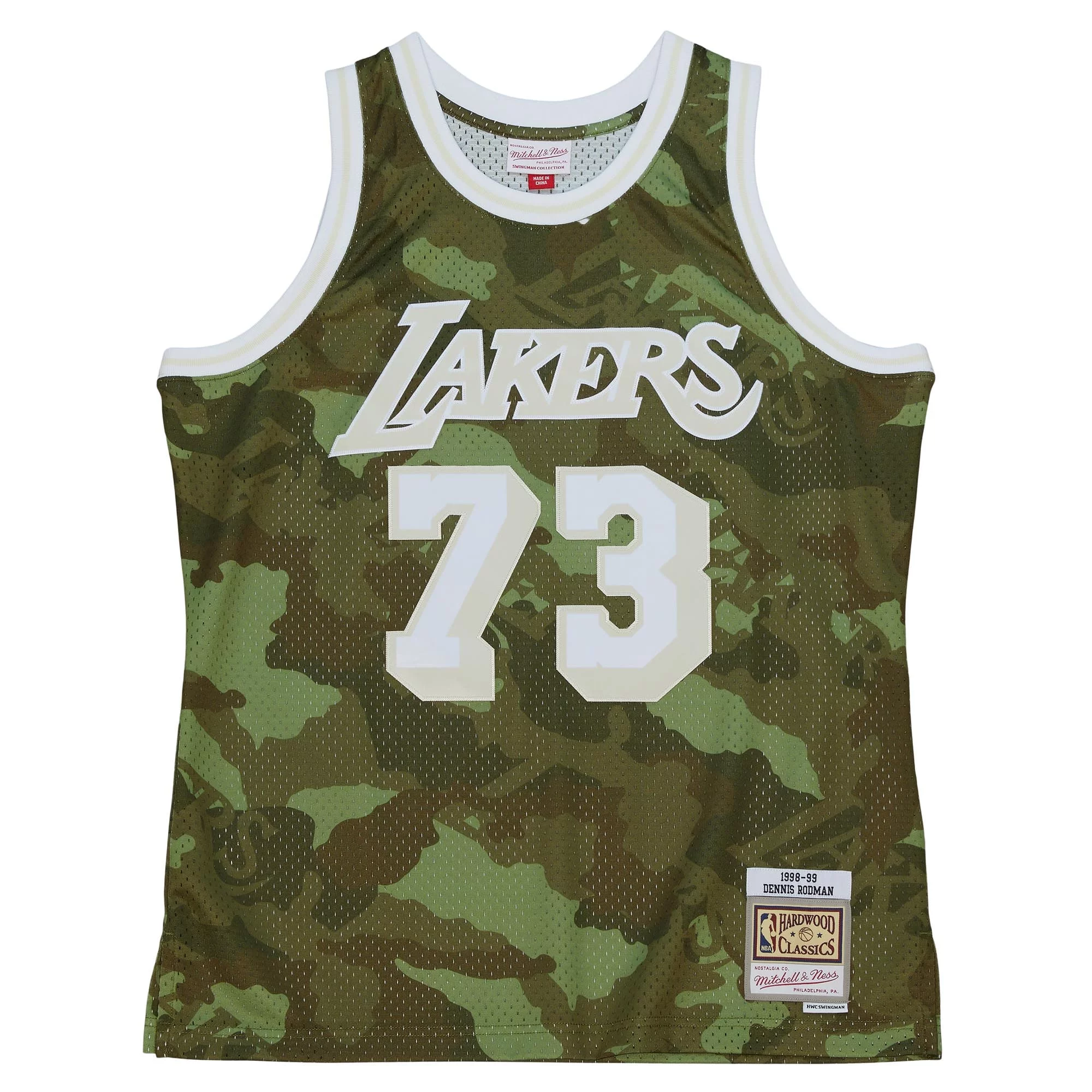Men's Mitchell & Ness Dennis Rodman Camo Los Angeles Lakers Hardwood Classics 1998/99 Ghost Green Swingman Jersey