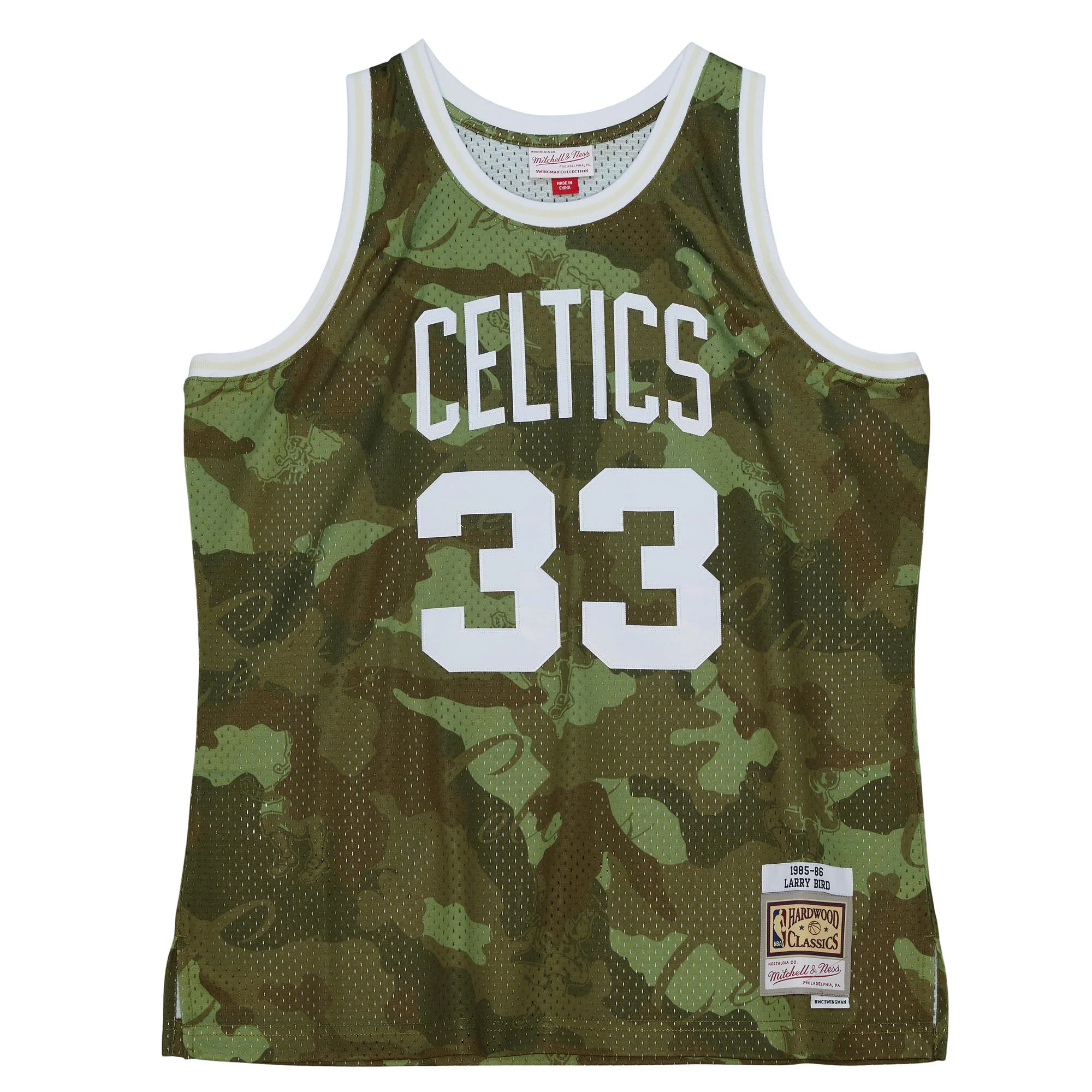Men's Mitchell & Ness Larry Bird Camo Boston Celtics Hardwood Classics 1985/86 Ghost Green Swingman Jersey