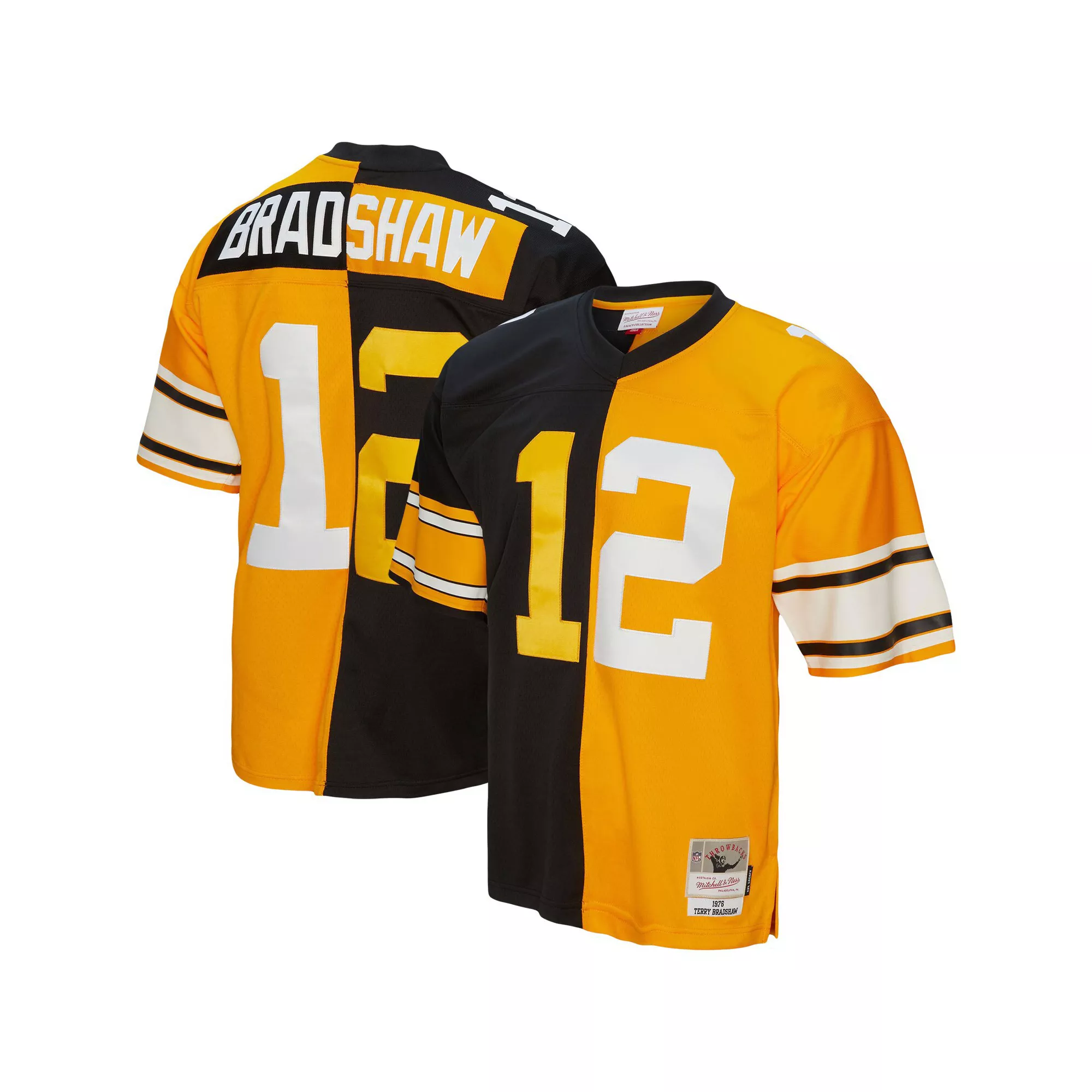 Men's Mitchell & Ness Terry Bradshaw Black/Gold Pittsburgh Steelers 1976 Split Legacy Replica Jersey