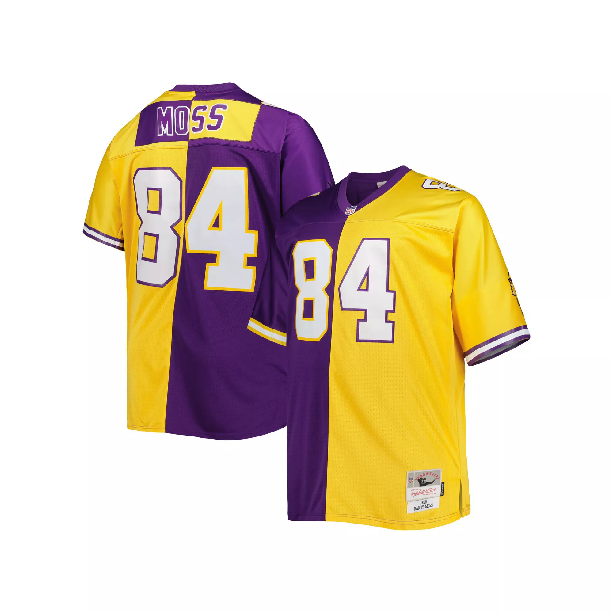 Men's Mitchell & Ness Randy Moss Purple/Gold Minnesota Vikings Big & Tall Split Legacy Retired Player Replica Jersey