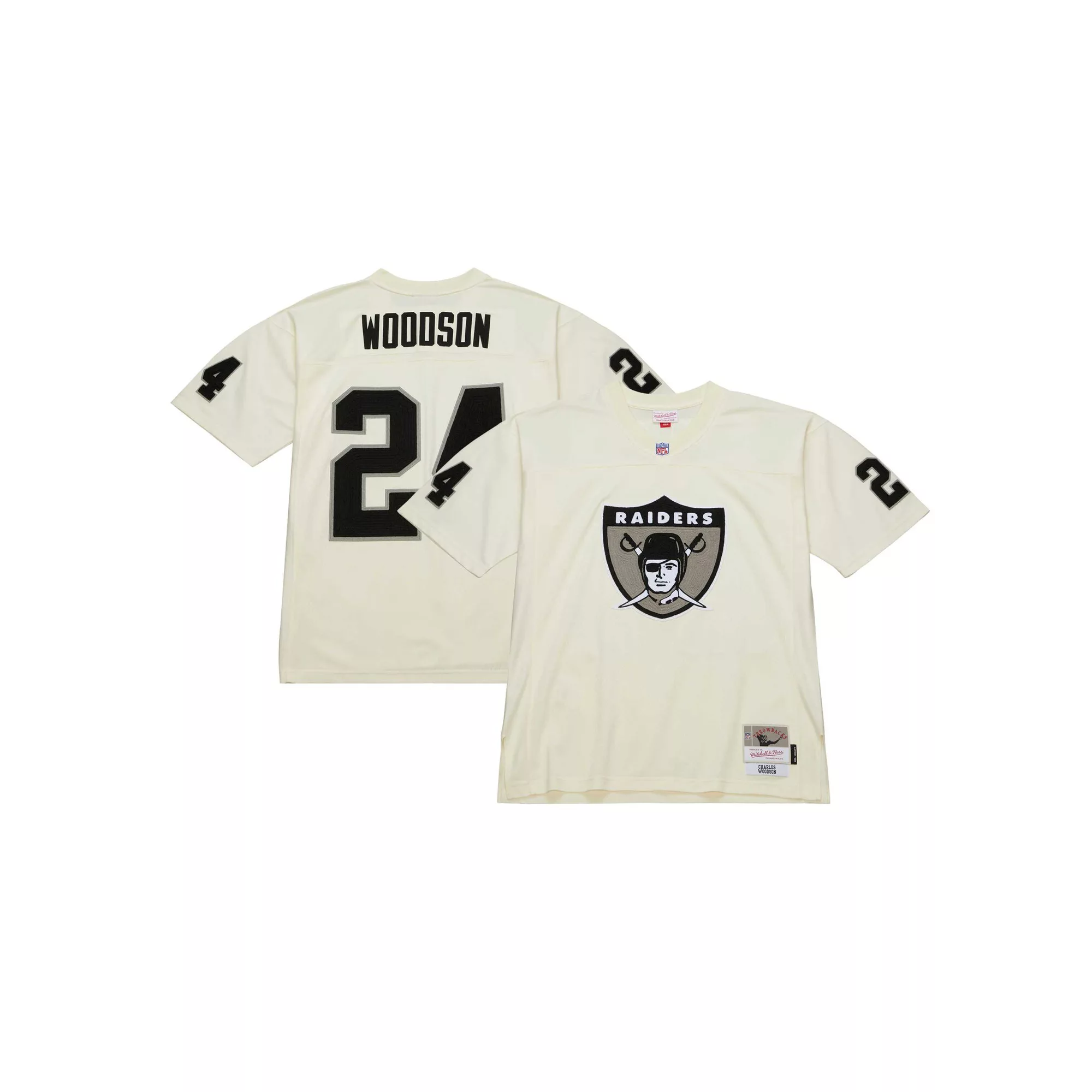 Men's Mitchell & Ness Charles Woodson Cream Las Vegas Raiders Chainstitch Legacy Jersey