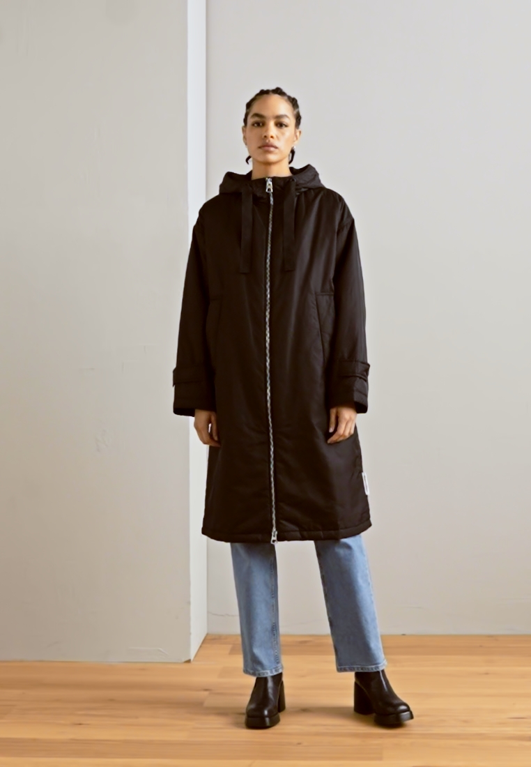 COAT LONG PADDED FIXED HOOD ZIPPER DRAWSTRING WAIST - Parka