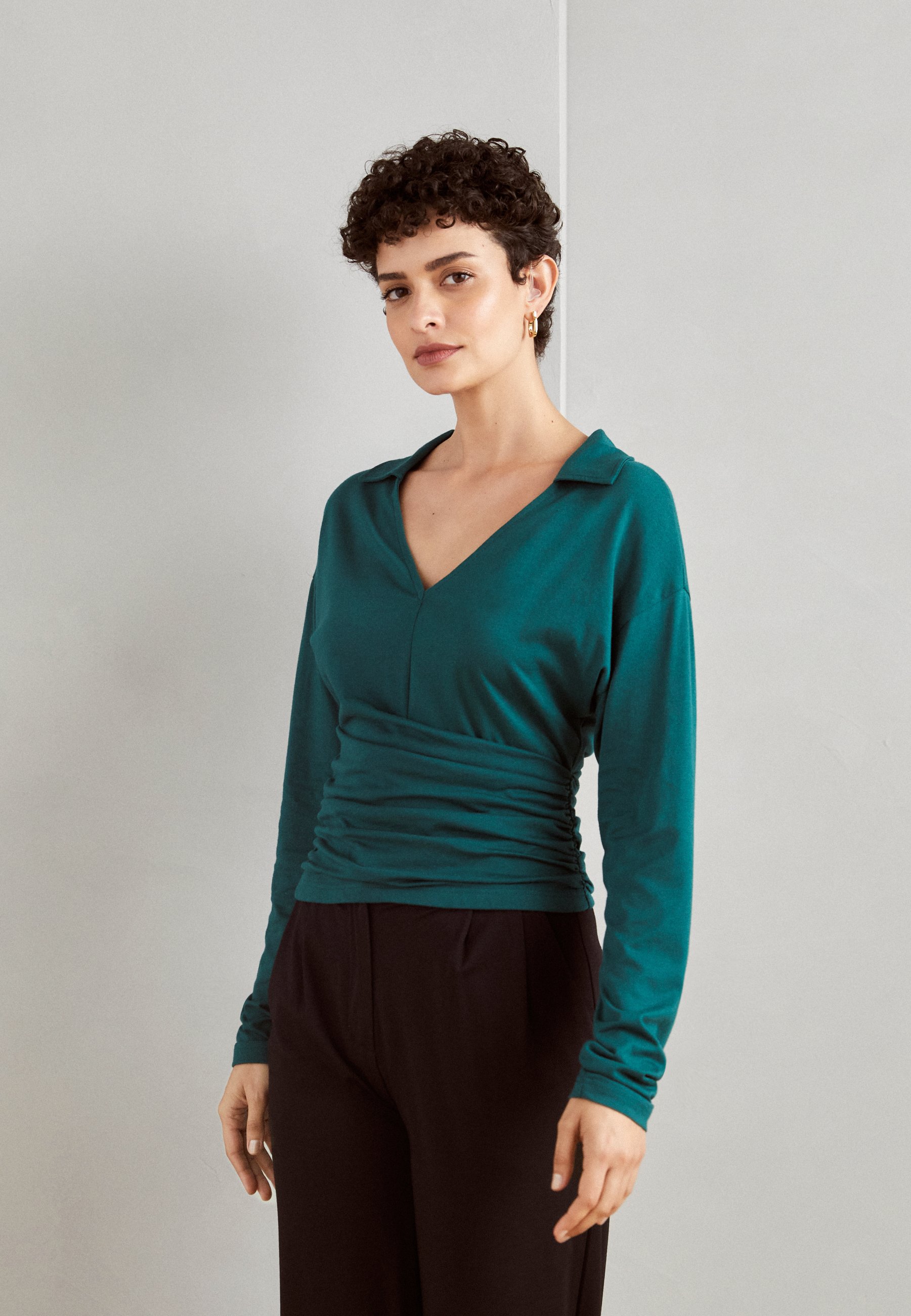 LONG SLEEVE WRAP BLOUSE WITH COLLAR- Long sleeved top