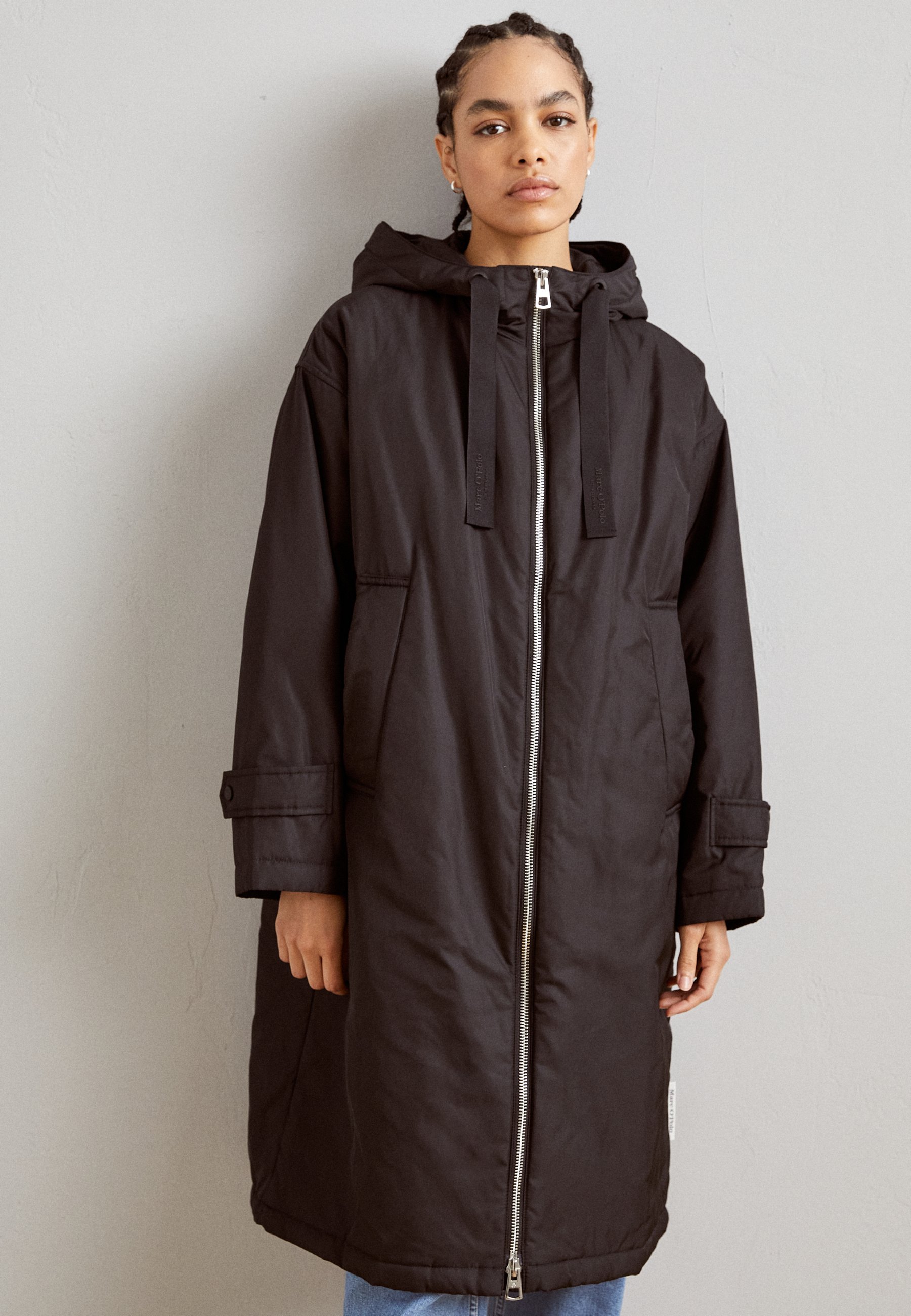 COAT LONG PADDED FIXED HOOD ZIPPER DRAWSTRING WAIST - Parka